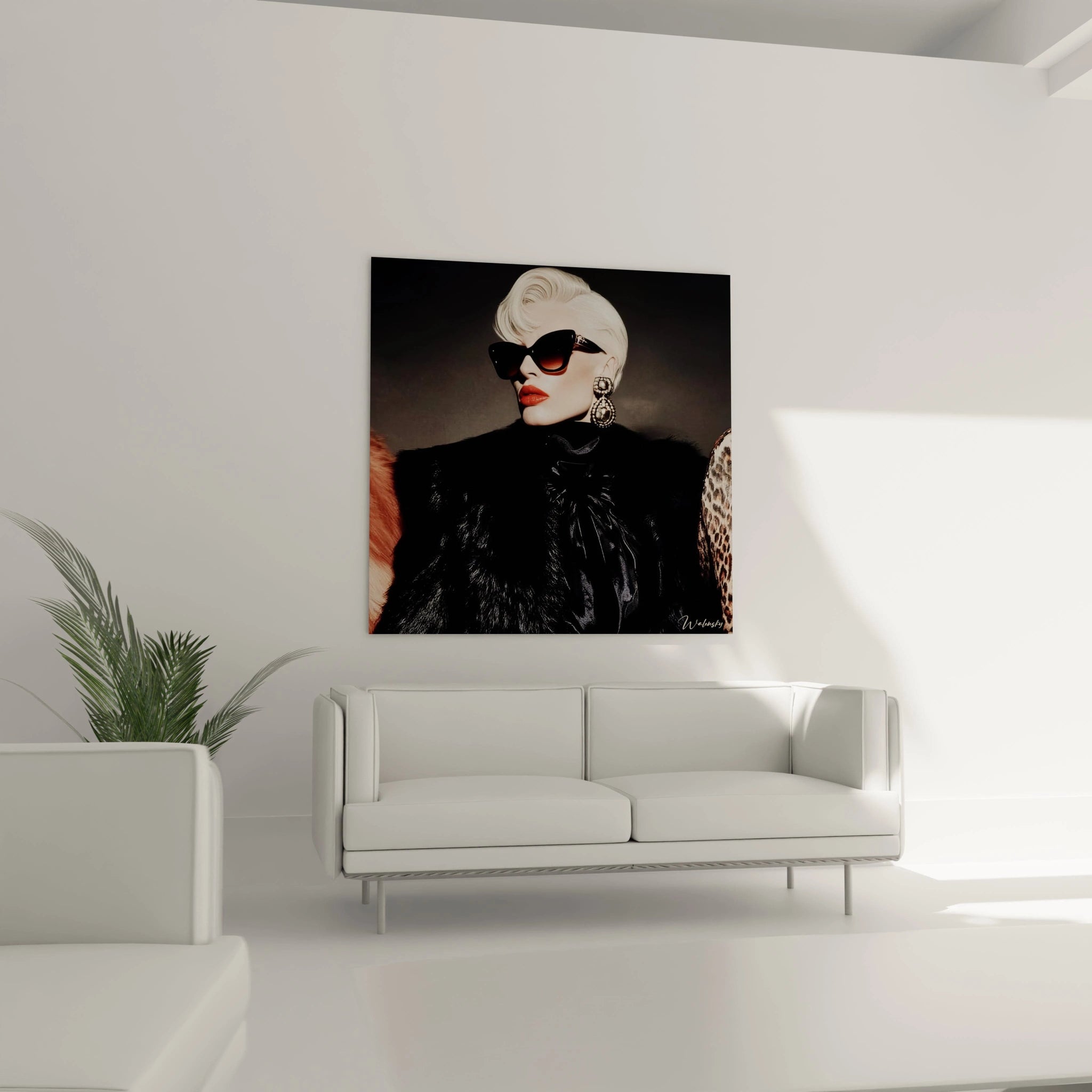 Tableau glamour noir de Walensky représentant une femme avec des lunettes de soleil et des vêtements élégants