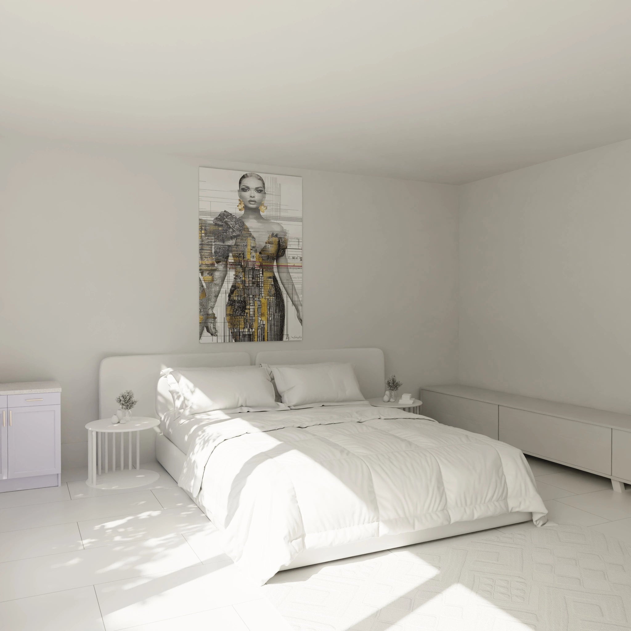 Tableau mural glitch art haute couture représentant un modèle dans une chambre moderne et lumineuse