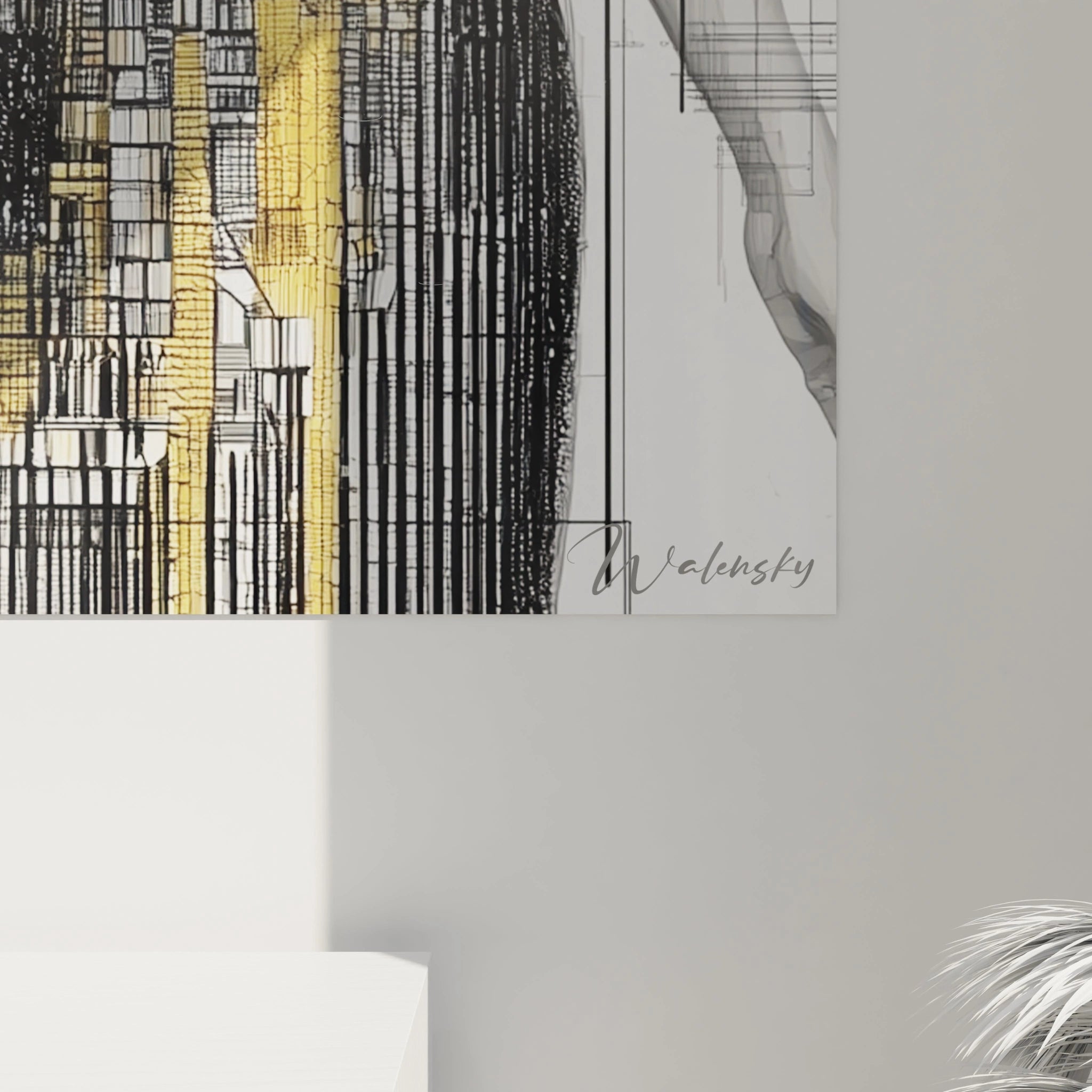 Tableau mural glitch art haute couture en noir et or, représentant des designs abstraits élégants