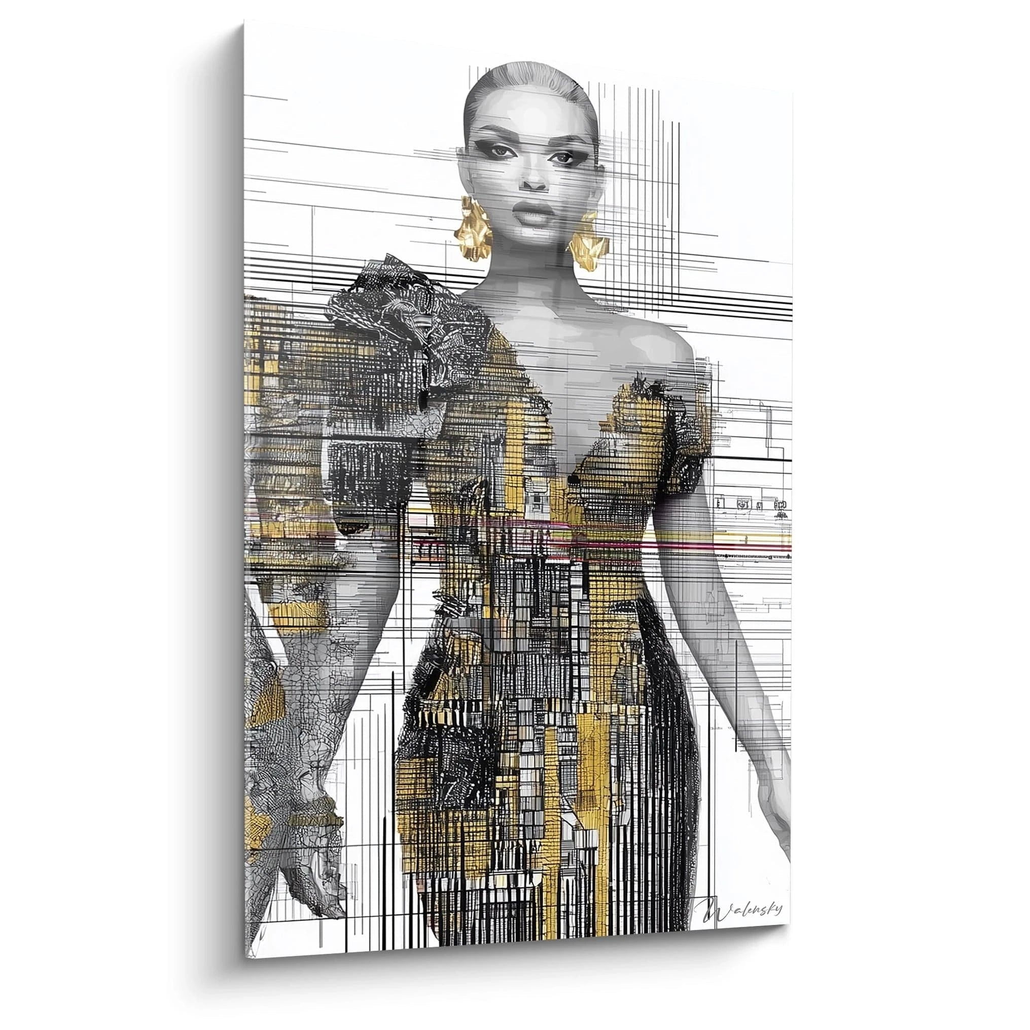 Tableau mural glitch art haute couture de Walensky avec une femme en robe élégante en noir et or