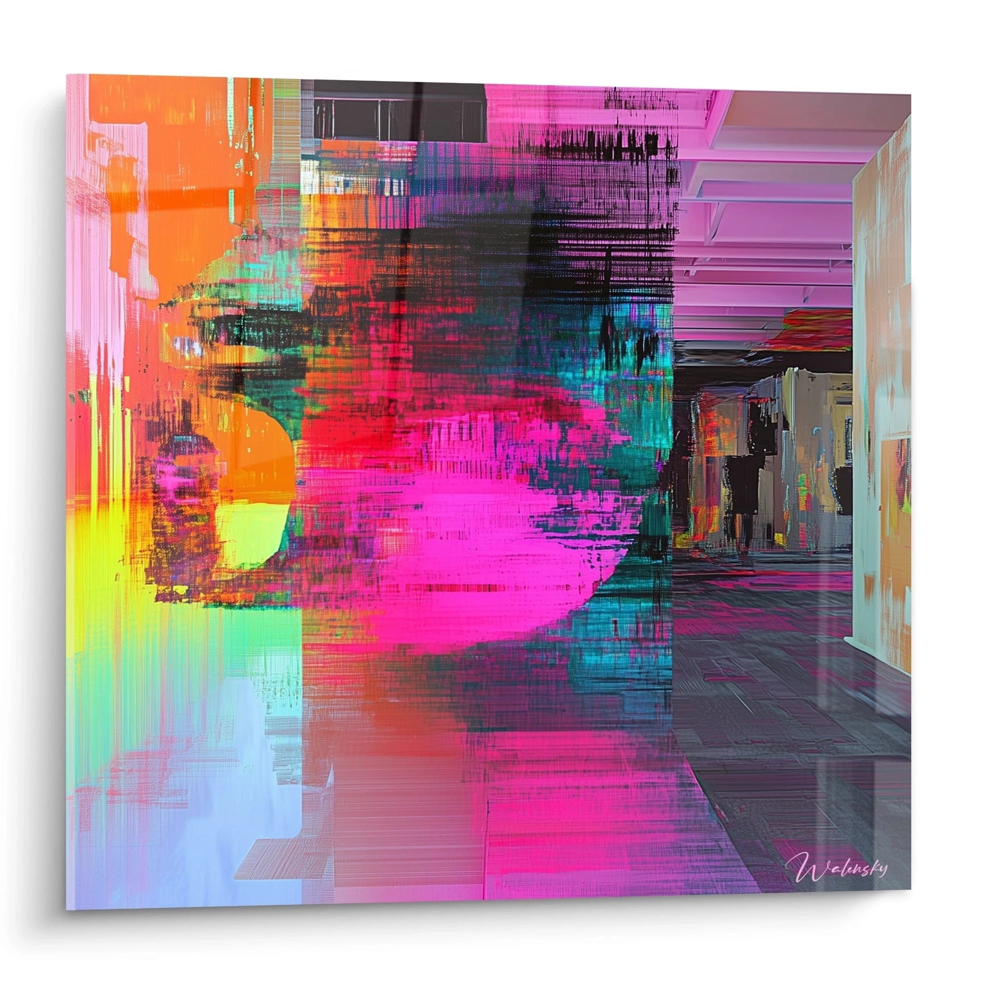 Un tableau street art digital présentant une explosion de couleurs fluorescentes - rose vif, turquoise, orange et jaune - avec des effets de distorsion et de glitch qui évoquent des interfaces numériques en superposition.