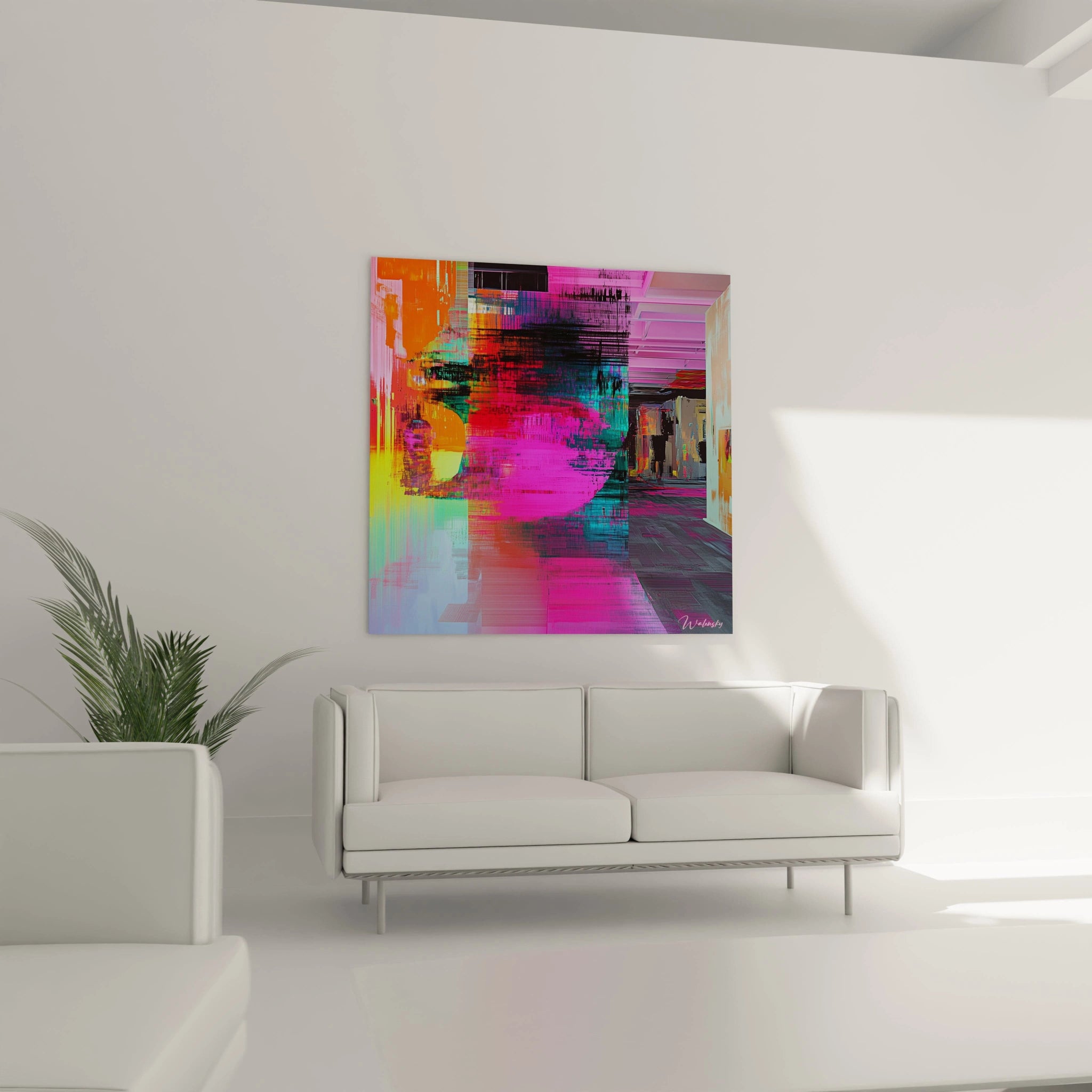 Un tableau street art vibrant dominé par des roses électriques et des turquoises éclatants qui s'entremêlent en strates semi-transparentes, évoquant une réalité augmentée où les frontières entre physique et virtuel se brouillent.