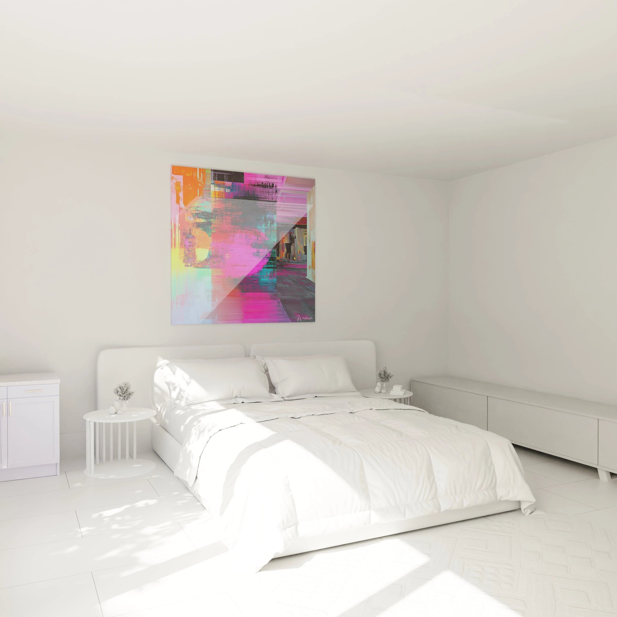 Un tableau abstrait aux teintes néon où des fragments colorés se superposent, créant un effet de profondeur tridimensionnelle avec des lignes horizontales rappelant des balayages d'écran et des textures numériques en transparence.