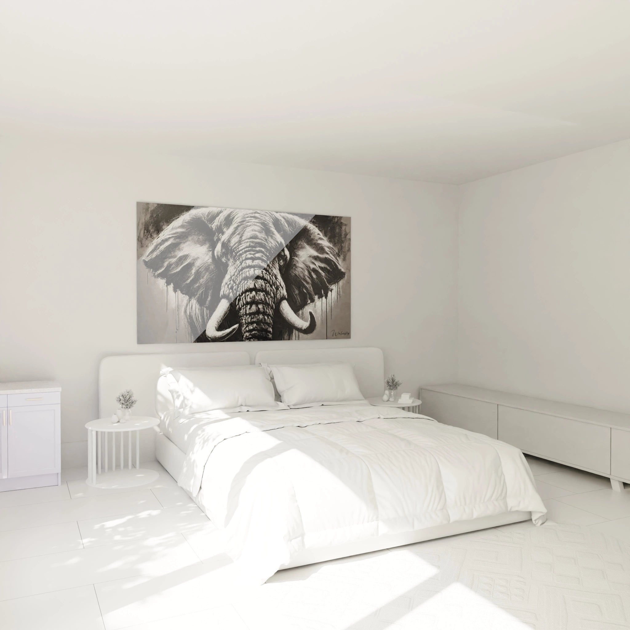 Placé au-dessus du lit dans cette chambre, ce tableau elephant en noir et blanc transforme l'espace en un sanctuaire de force et de sagesse. Sa sobriété enrichit la décoration intérieure tout en imposant sa présence.