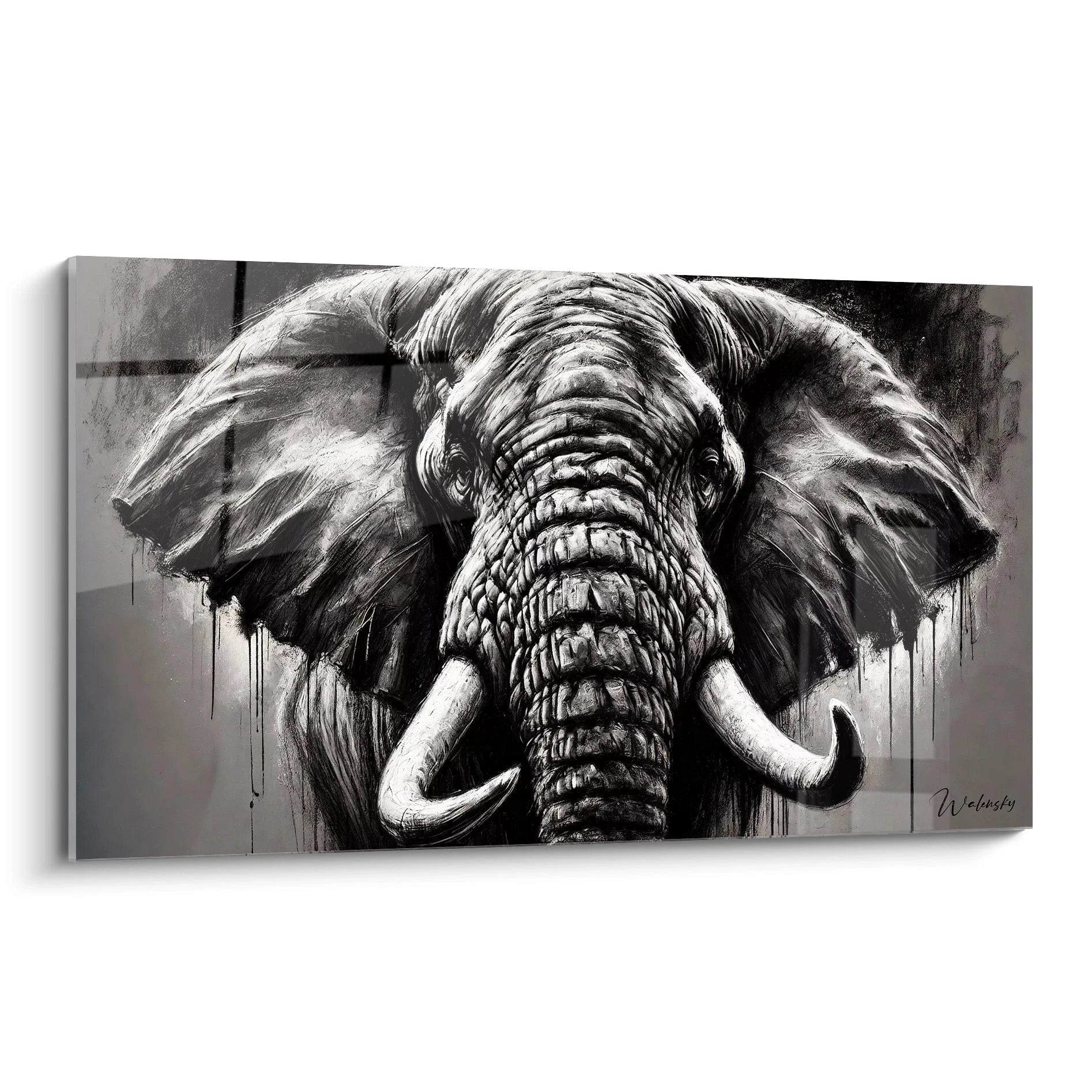 Ce tableau elephant en noir et blanc attire l'œil avec ses détails subtils et sa profondeur. Vue de biais, chaque ride du visage de l'animal est magnifiée, créant une atmosphère imposante.