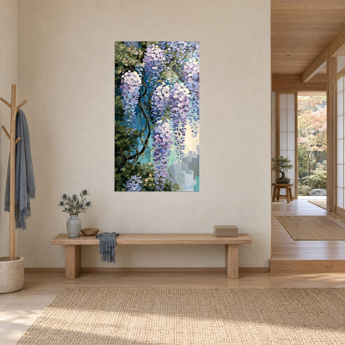 Wall art clusters of lilac and periwinkle blue blossoms hanging from a brown vine, three-quarter view, hung above the wooden bench of a japandi hallway