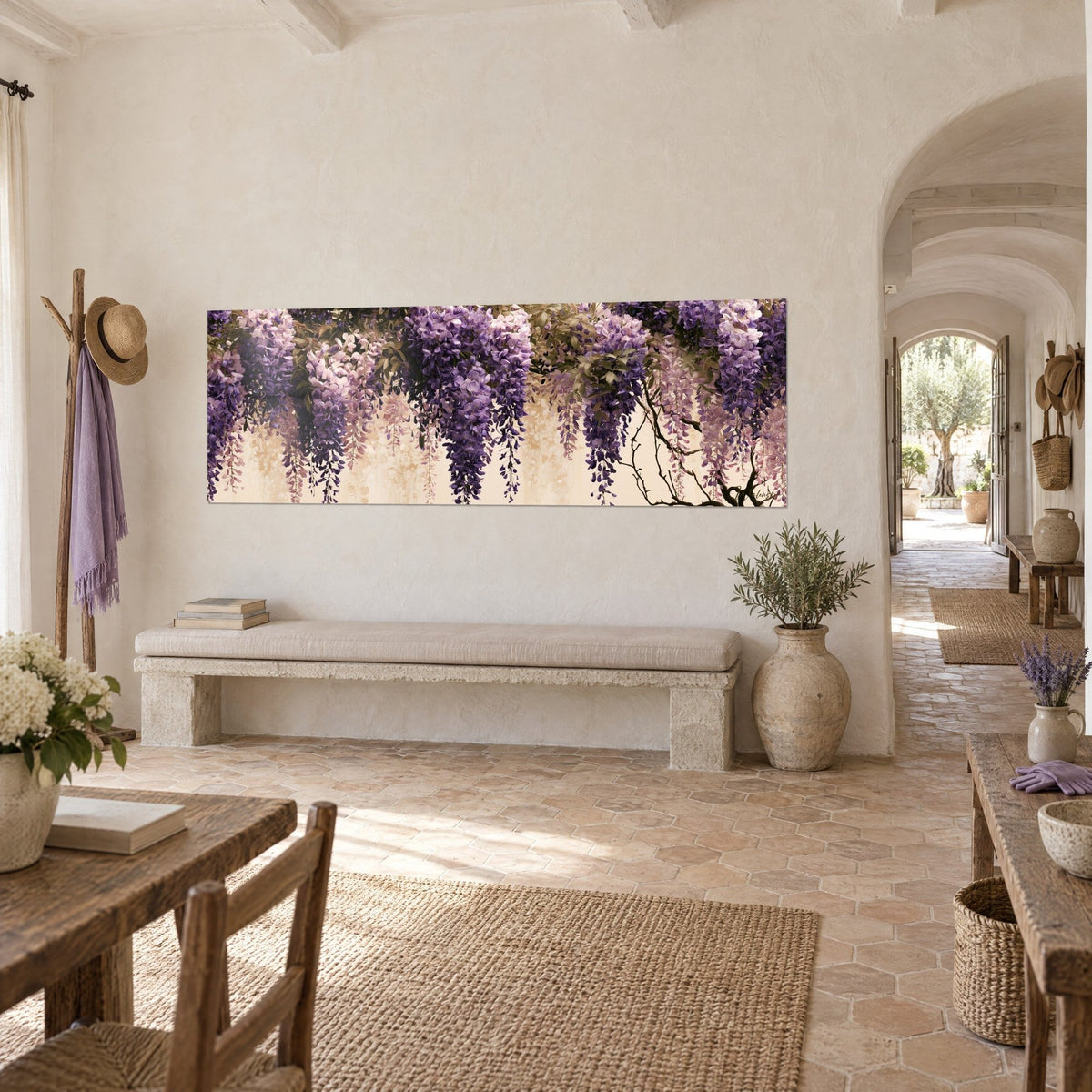 Wall art of a cascade of lilac and mauve flowers on cream background, dark branches visible, three-quarter view in a Provençal farmhouse