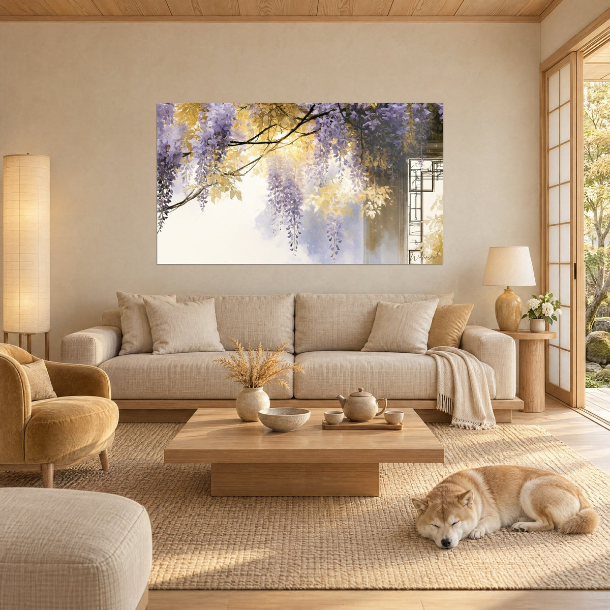 Wall art wisteria in mauve and golden clusters on ivory background, sleeping Shiba, above a sofa in a bright living room