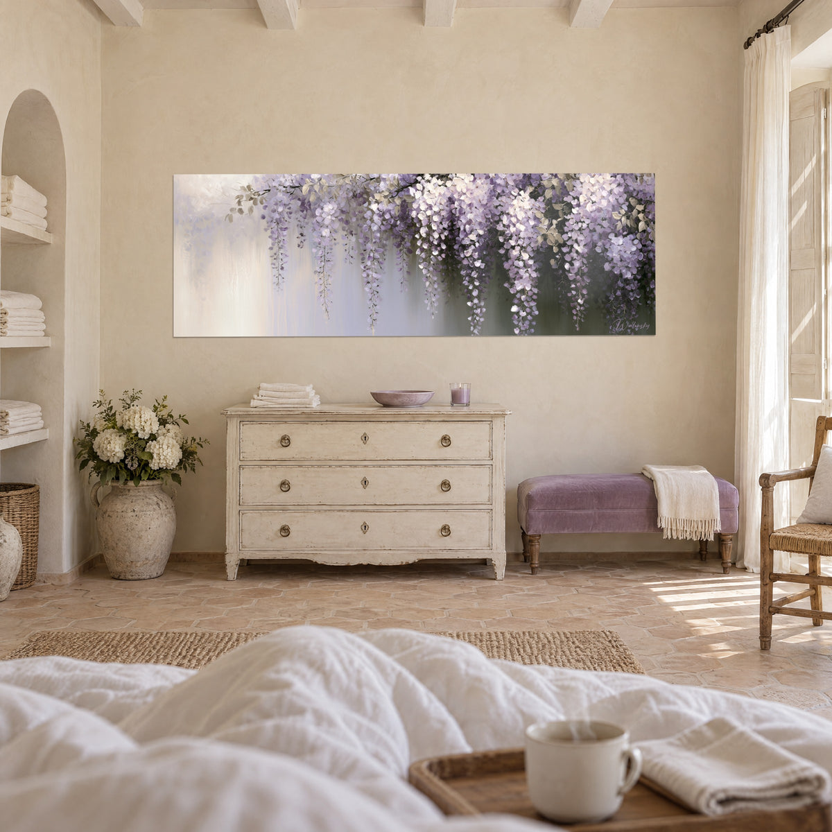 Wall art violet and ivory grapevine on grey mist, stretched panoramic format, off-white wall of the chest of drawers, above a bed in a light bedroom