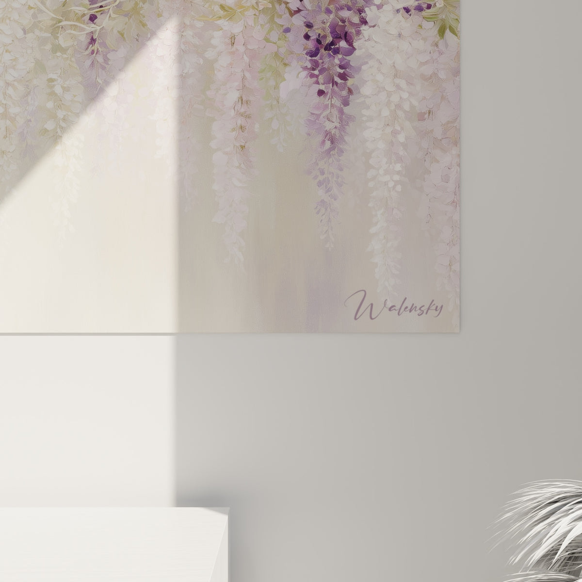 Détail des pétales de glycine mauve et blanc, empâtements et grain de peinture visibles de près