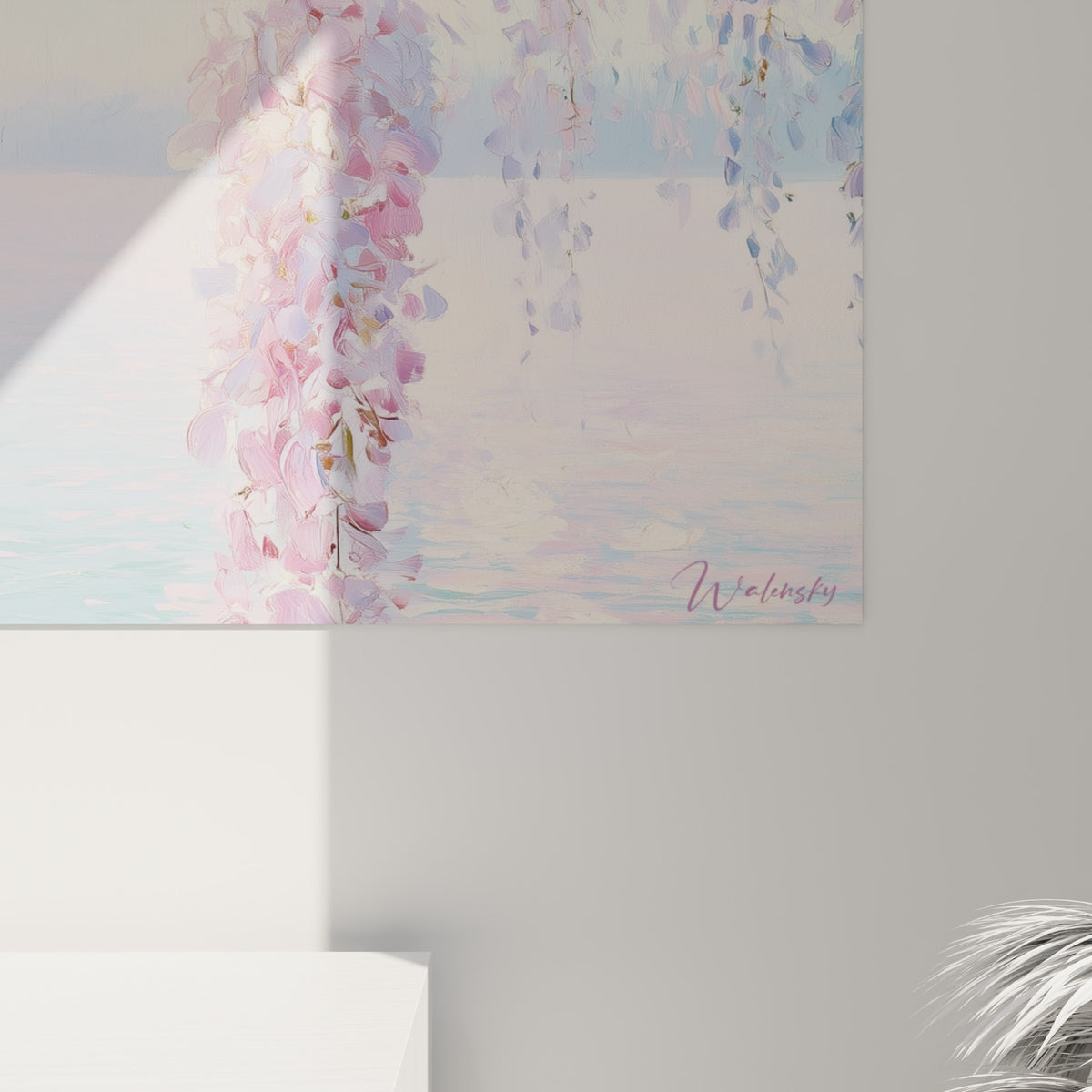 Empâtements roses et lavande de la glycine révélant la matière épaisse de la peinture