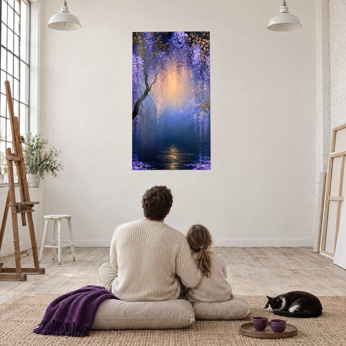 Schilderij schemerlicht tussen paarse trossen, marineblauwe vijver glinsterend van goud, vader en dochter met een tuxedo-kat