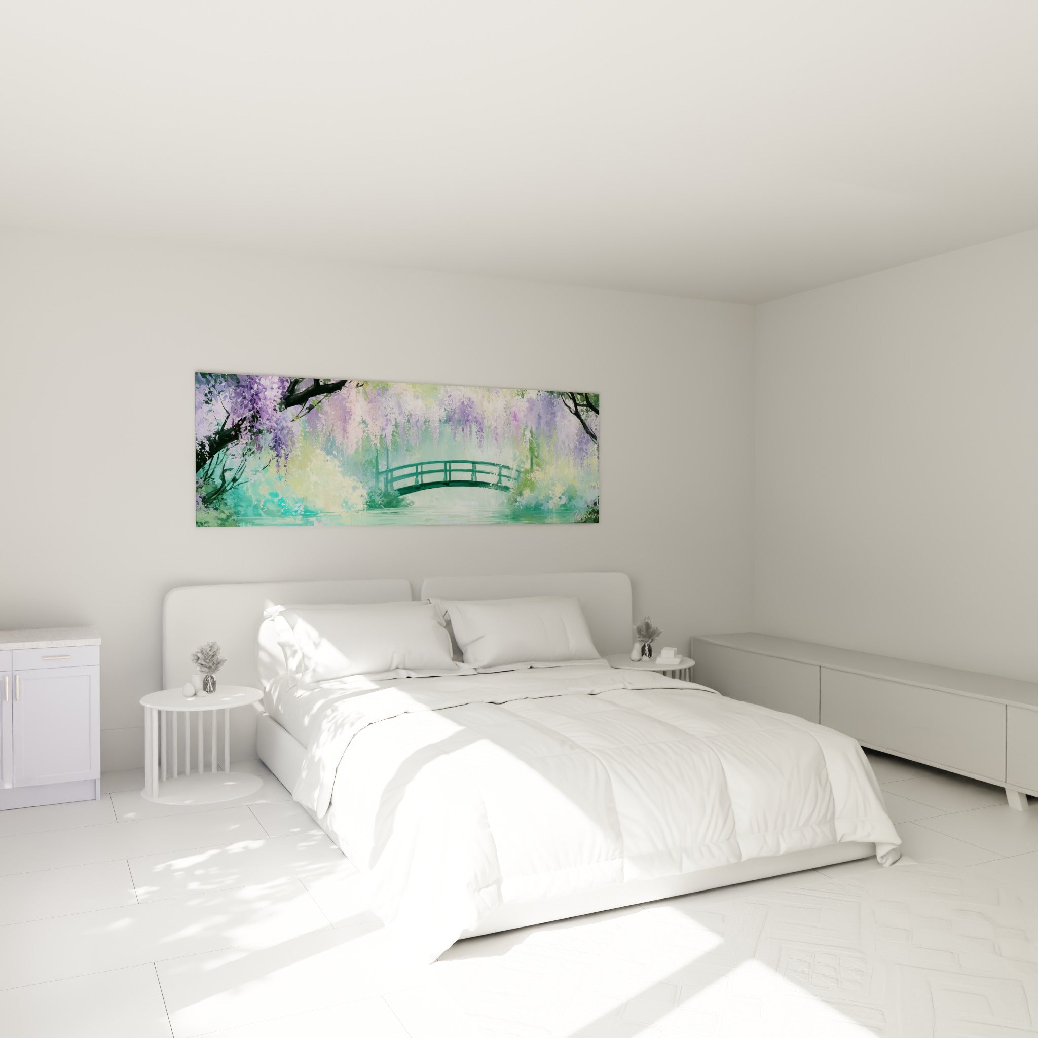 Glycines mauves et pont turquoise peints en aquarelle, accrochés au-dessus d'un lit dans une chambre claire
