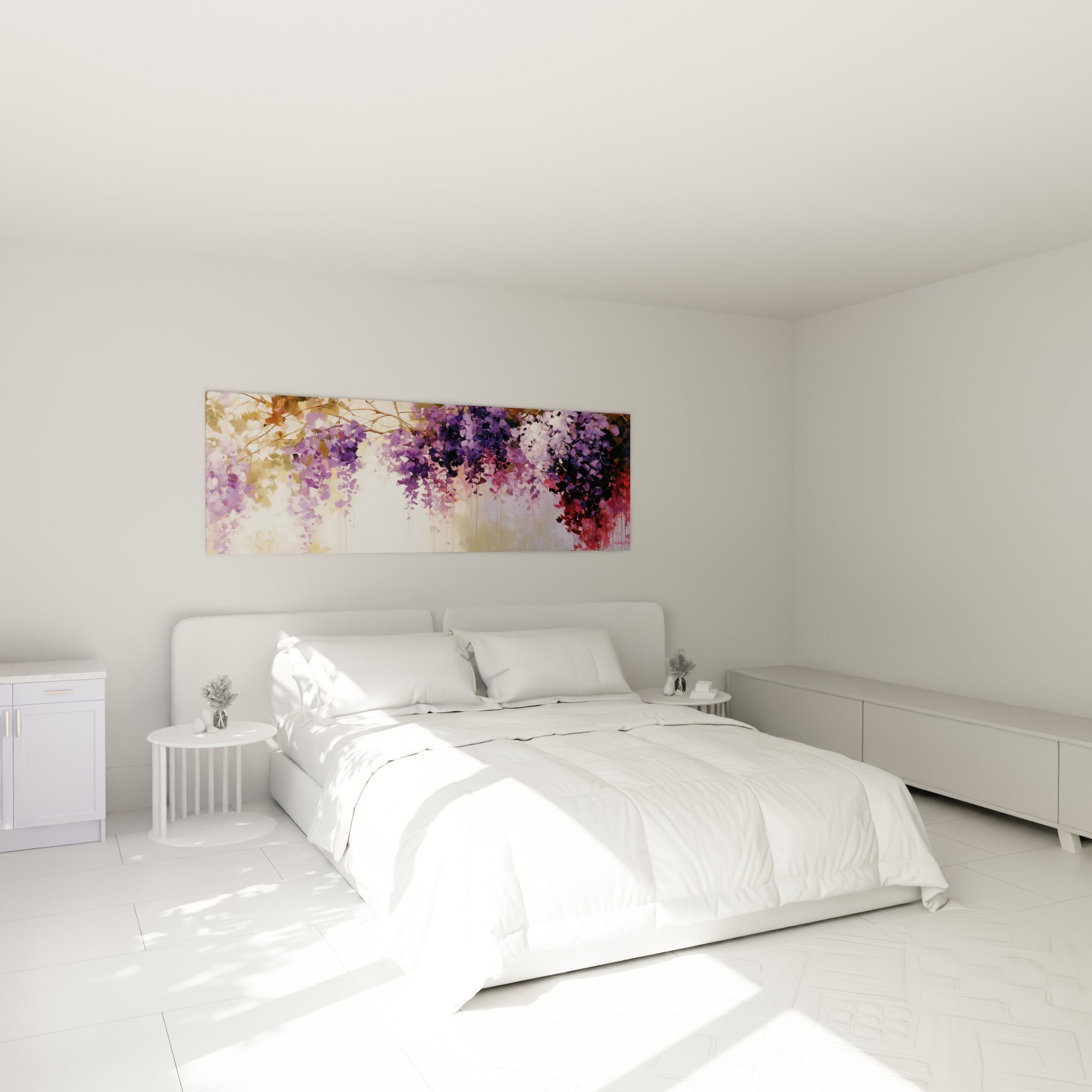 Fleurs de glycine violettes et roses en cascade, au-dessus d'un lit dans une chambre claire