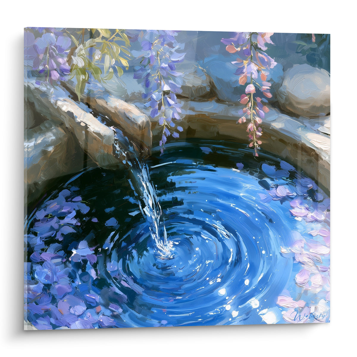 Fontaine de pierre laissant couler l'eau en tourbillon bleu marine sous des grappes de glycine mauve