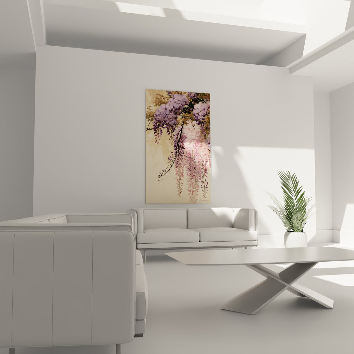 Cascade de glycine mauve et rose poudré accrochée au-dessus d'un canapé dans un salon lumineux