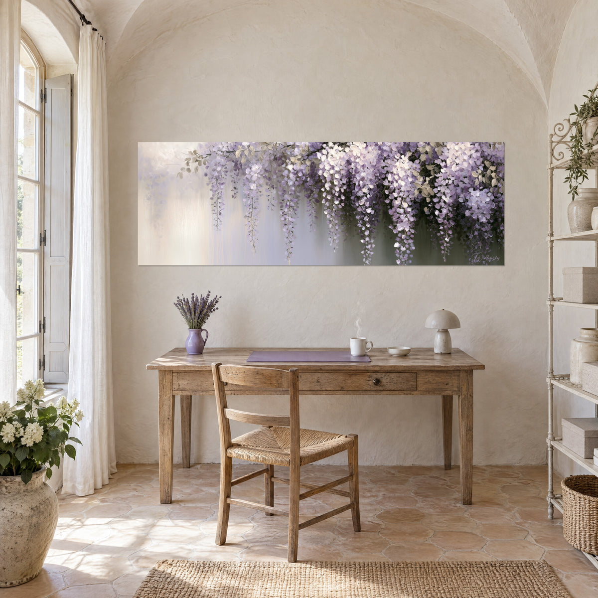 Wall art veil of lavender flowers and mother-of-pearl with grey-green leaves, cream wall above a light wood desk