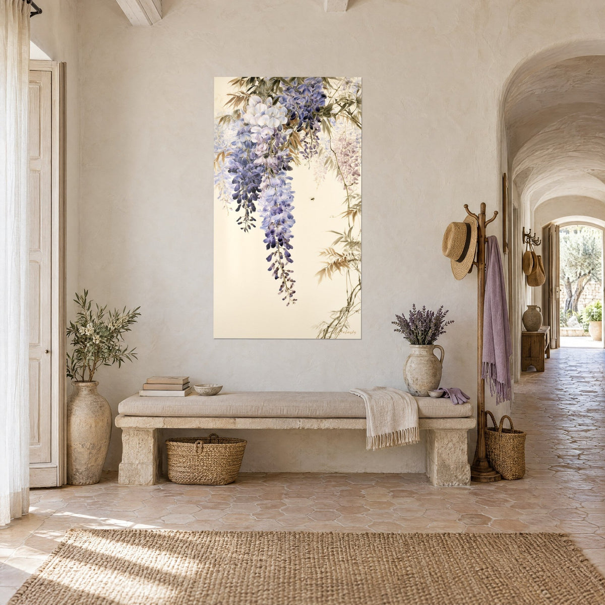 Wall art of a cascade of purple hanging blooms on ivory background, slender bamboo stems, stone bench and vaulted corridor of the farmhouse
