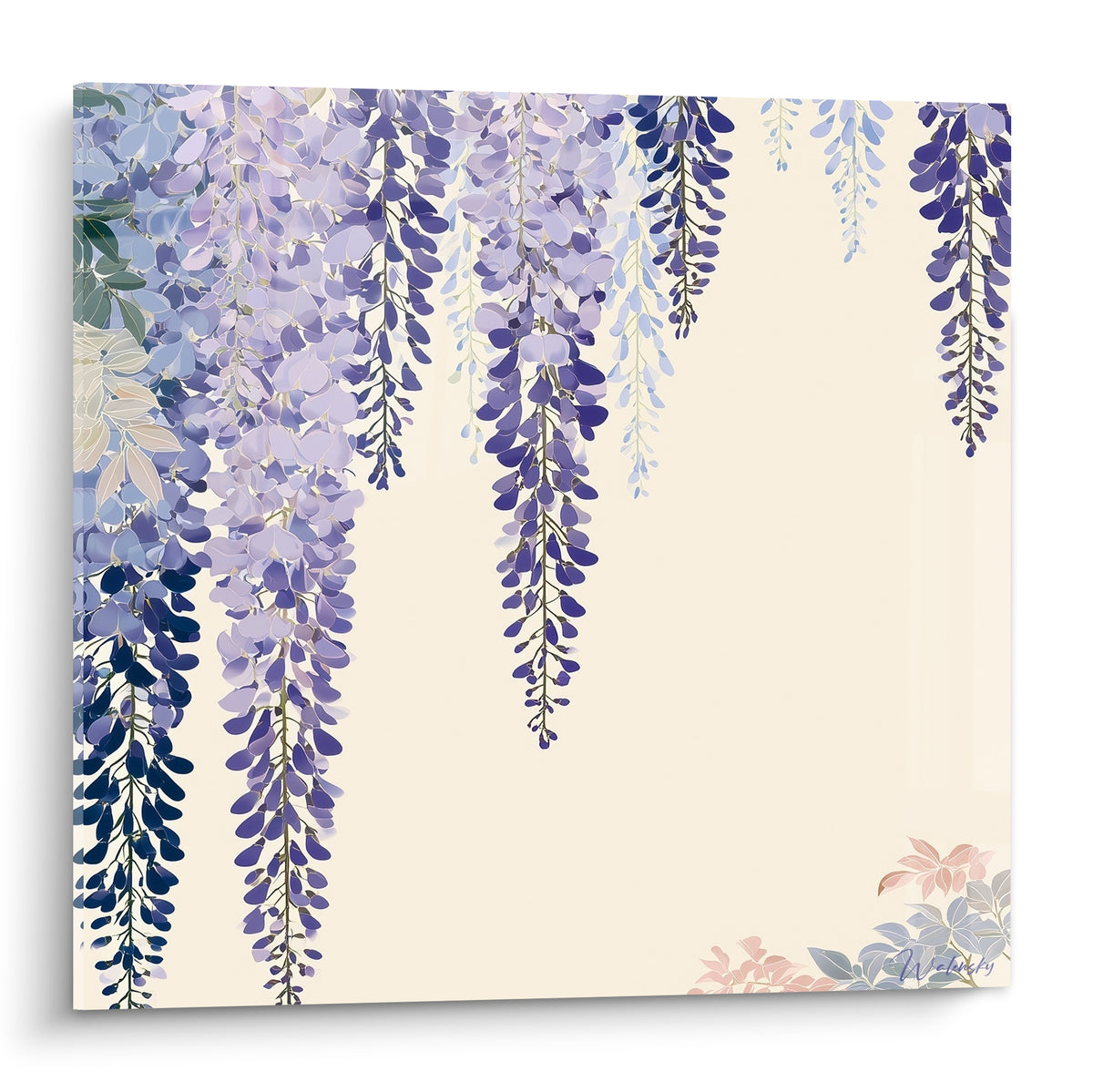 Grappes de glycine mauve et bleu marine en cascade sur fond ivoire, style japonisant délicat