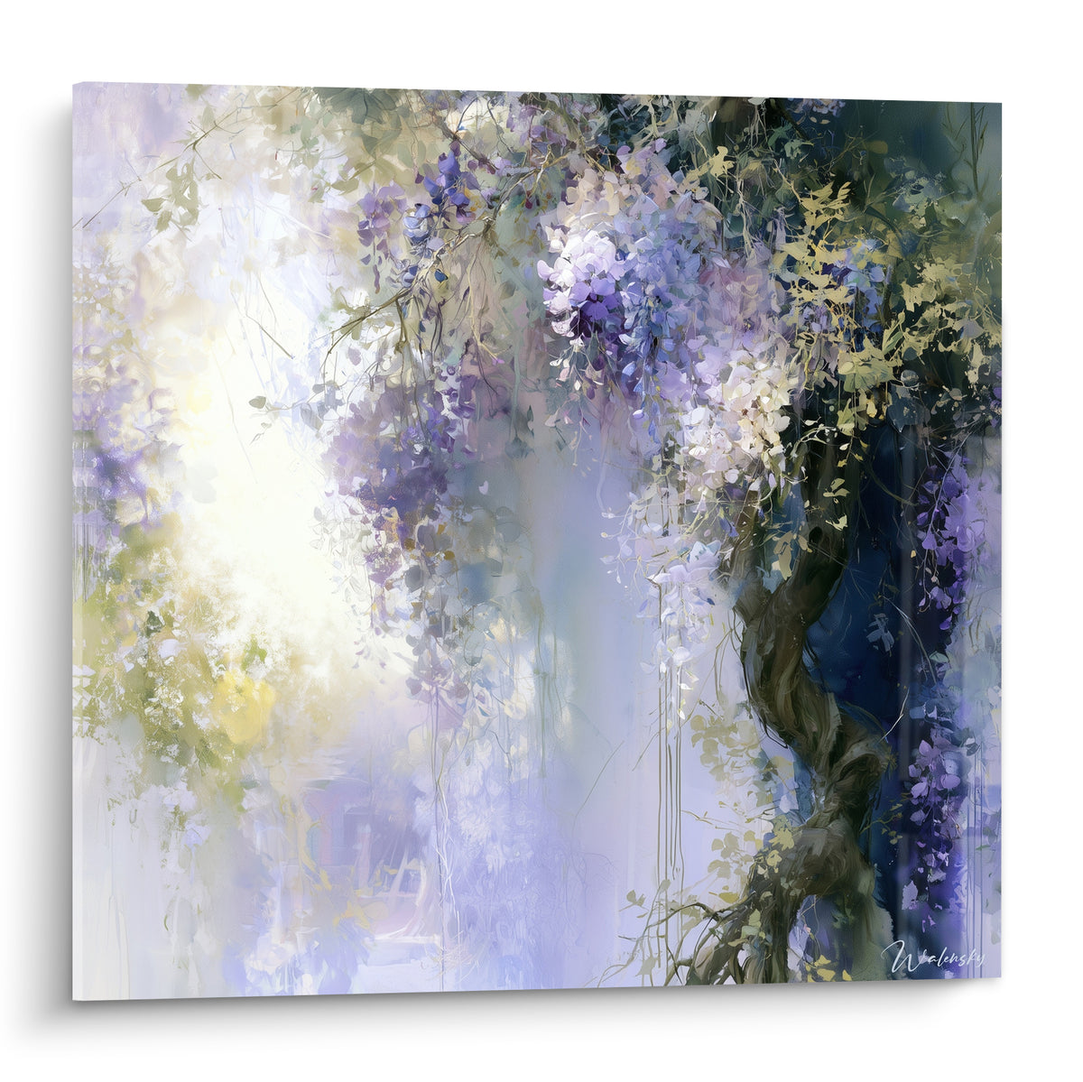 Glycine mauve et lilas en cascade sur tronc brun noueux, lumière diffuse et vaporeuse