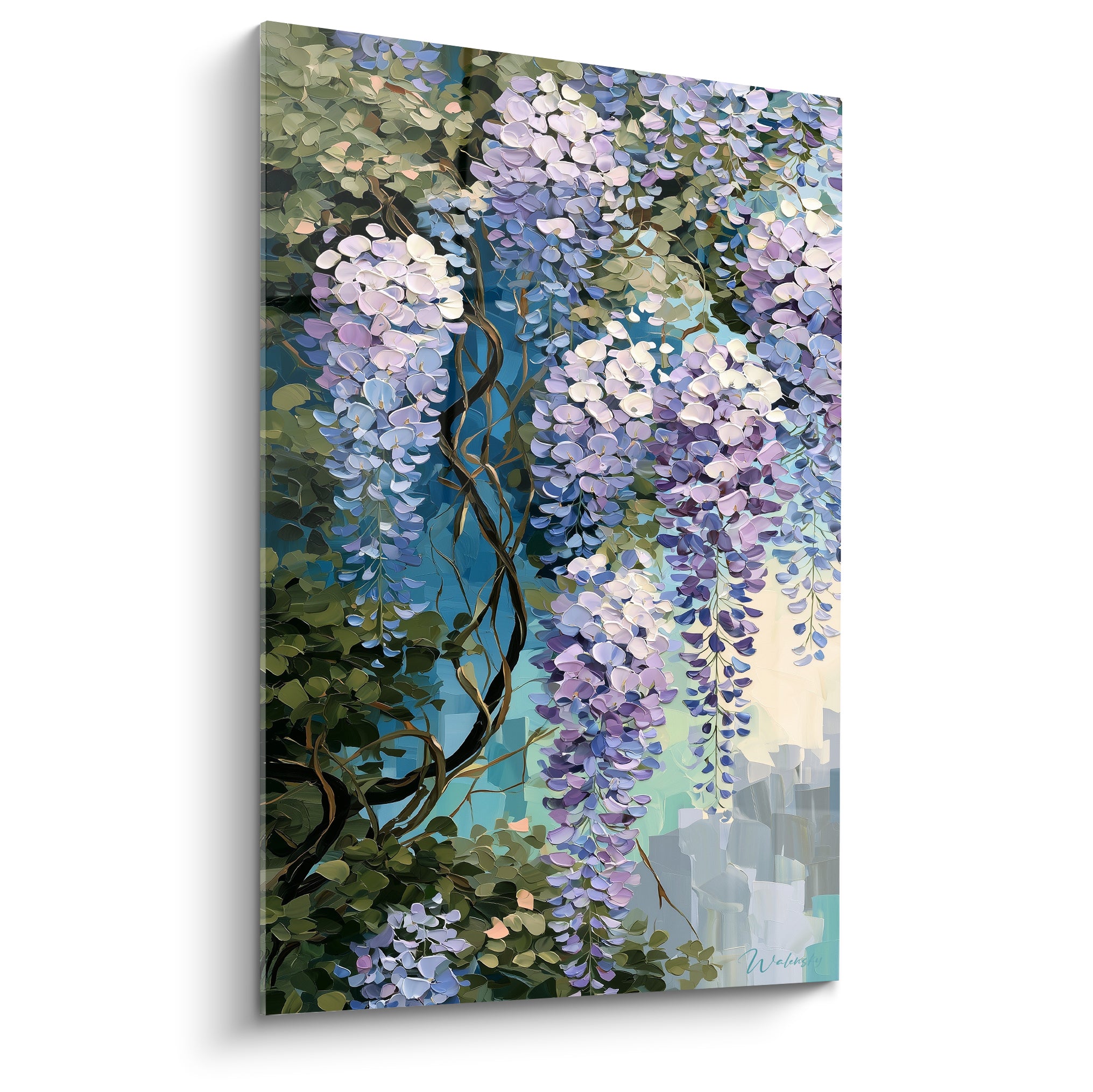 Glycine mauve en cascade sur fond turquoise, grappes florales et feuillage vert émeraude peints