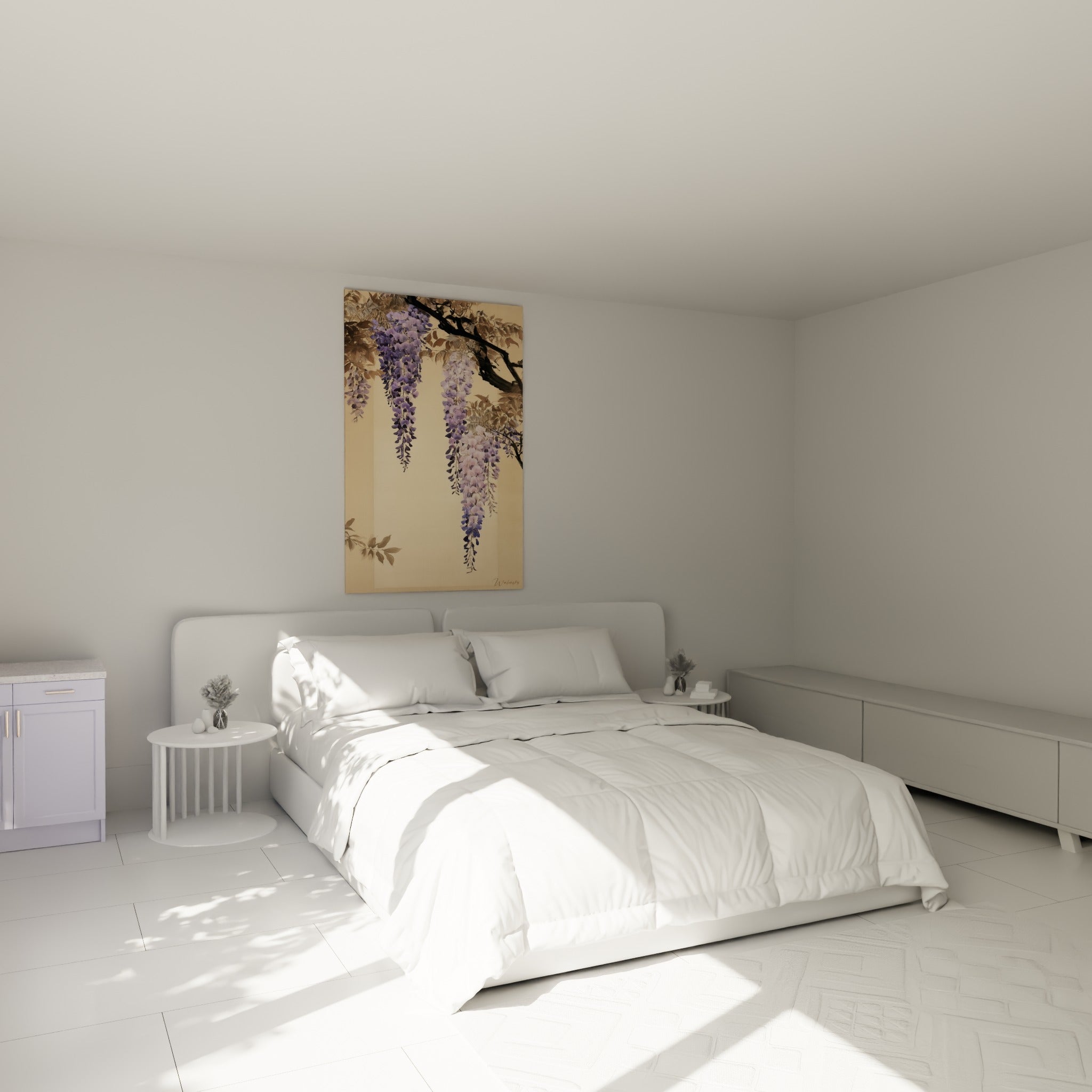 Grappes de glycine mauve et violette au-dessus d'un lit dans une chambre claire