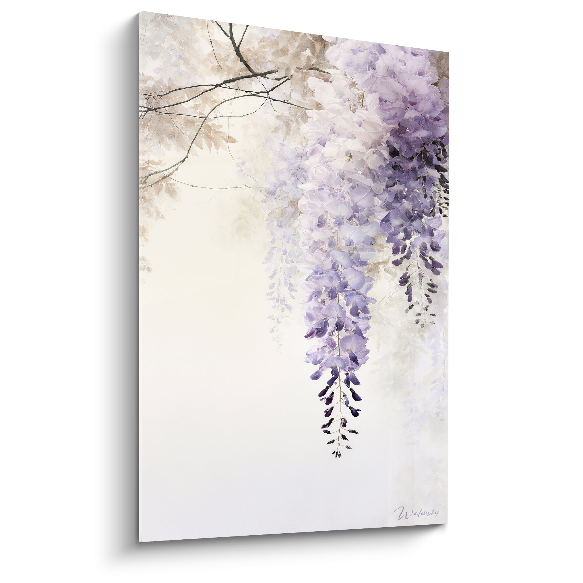 Glycine mauve et violette en grappes suspendues sur fond ivoire, style aquarelle délicat