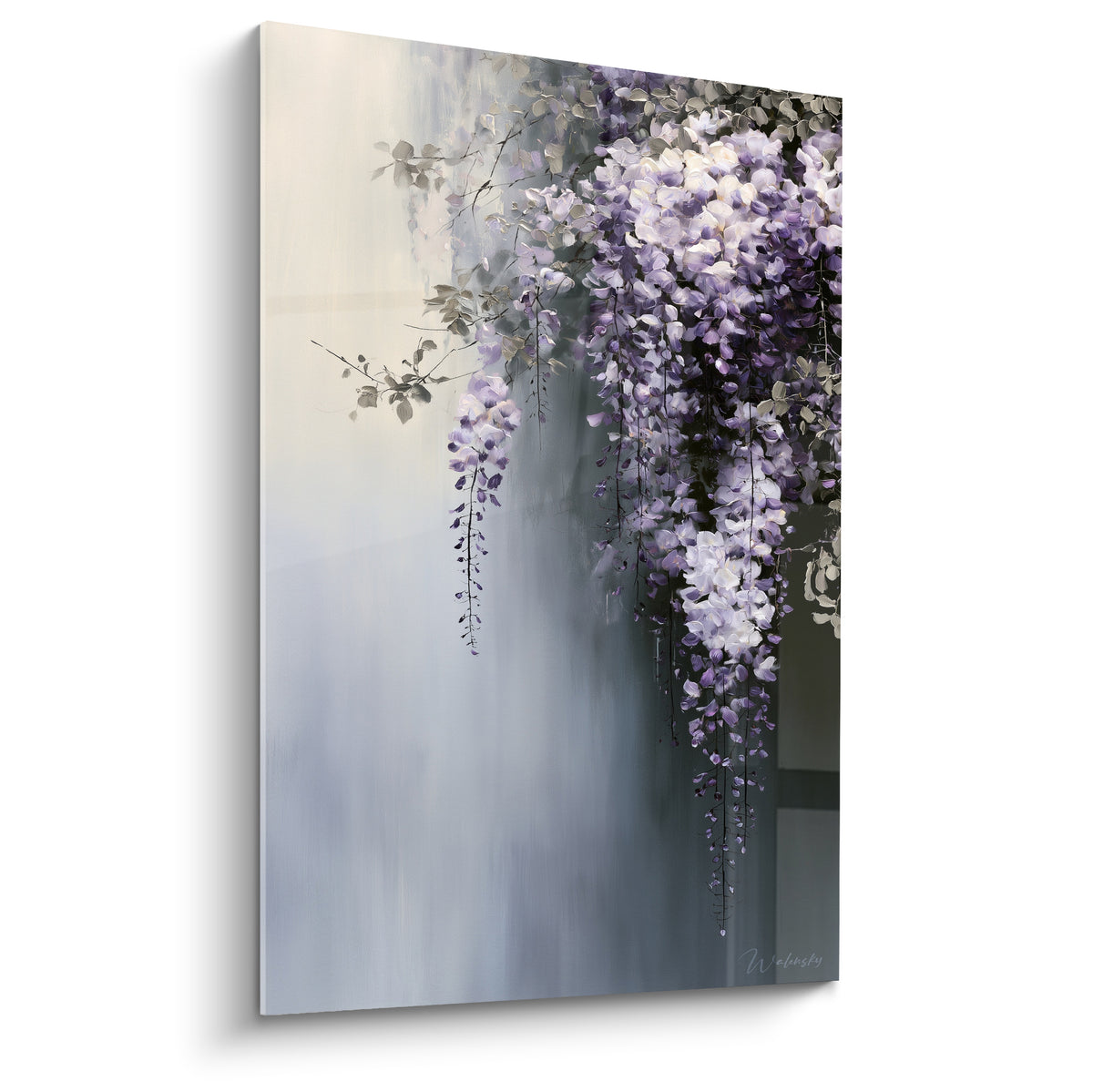 Glycine mauve et blanche en grappes tombantes sur fond gris dégradé, style peinture fluide