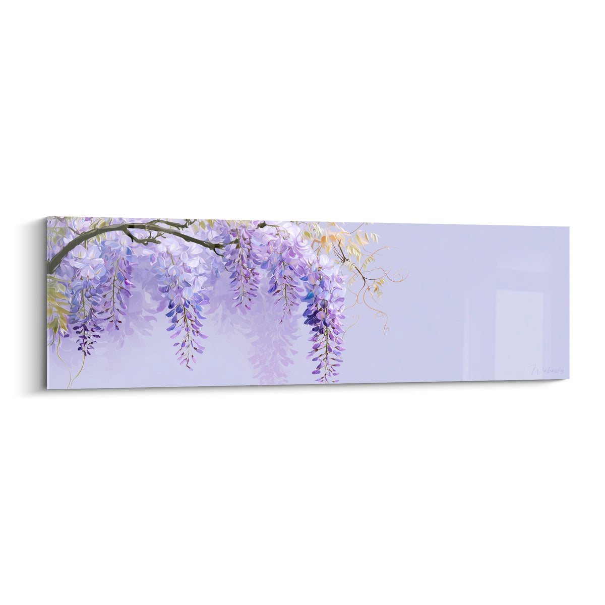Glycine mauve et lavande en grappes tombantes sur fond lilas pâle, style pictural doux