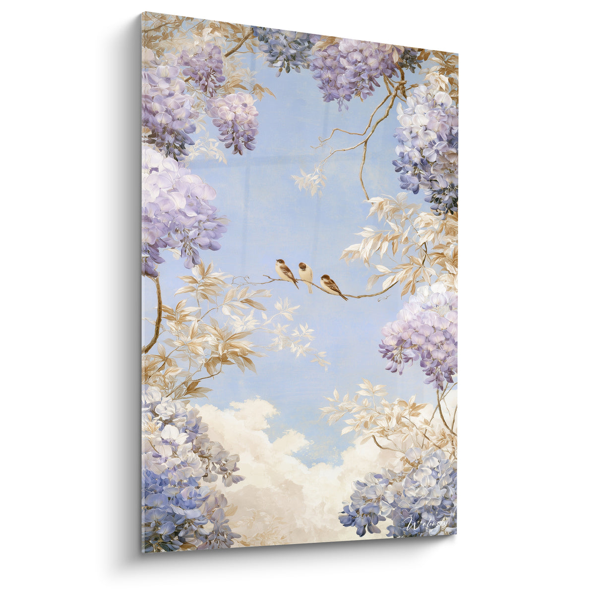Glycine mauve et bleu ciel entourant trois oiseaux perchés sur une branche dorée