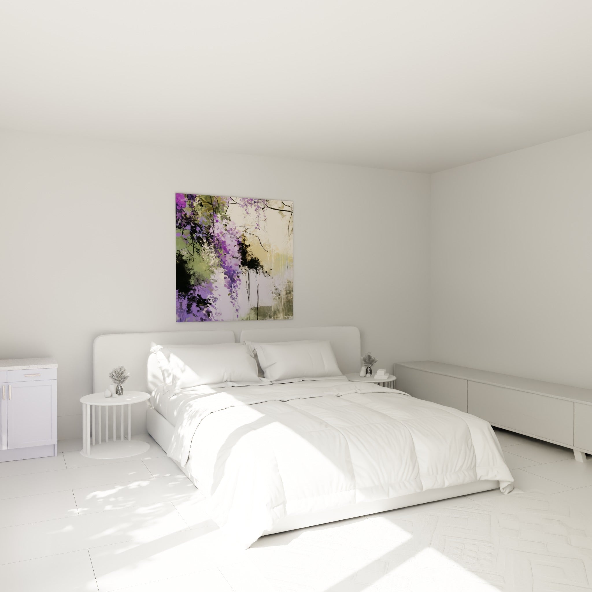 Glycine mauve et sauge en cascade délicate, accrochée au-dessus d'un lit dans une chambre claire
