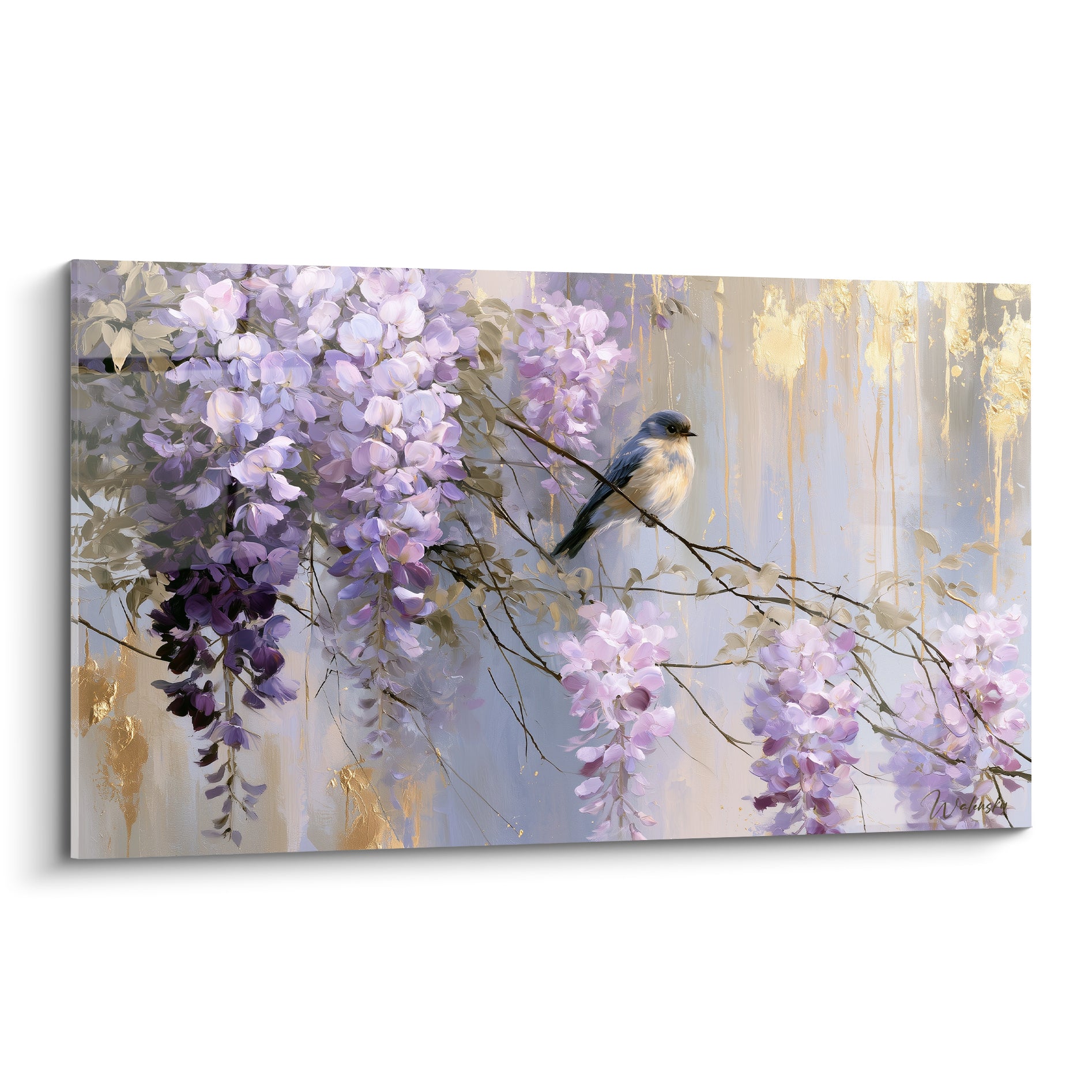 Glycine mauve et dorée en cascade, oiseau bleu perché sur une branche fine