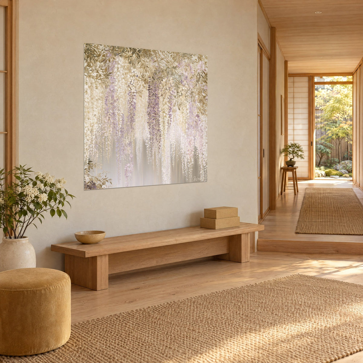 Wall art cascading wisteria blooms, cream and lilac petals, misty silver background, light wood hallway