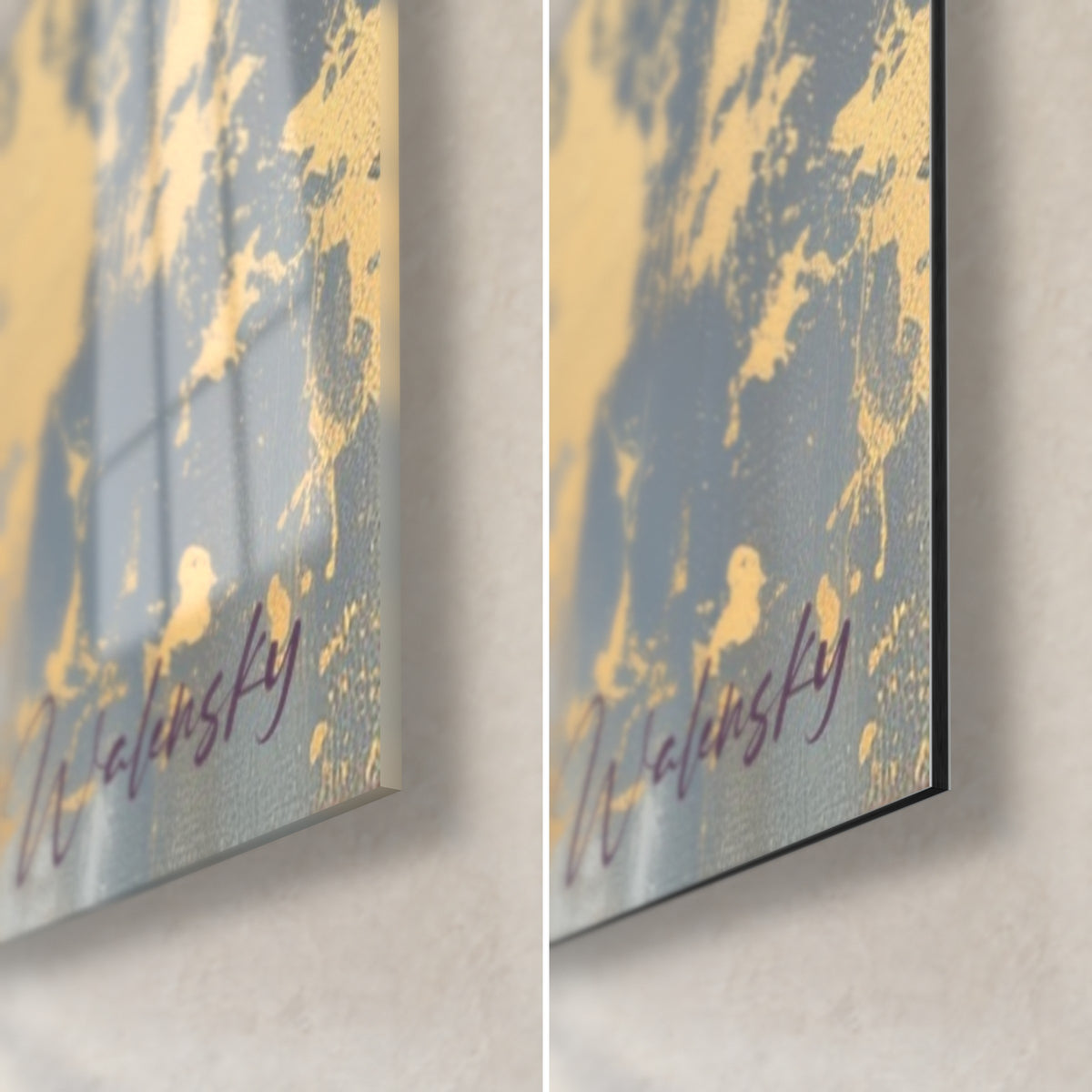Cuadro racimos de glicinia malva y oro craquelado, esquina inferior derecha: cristal acrílico brillante a la izquierda, Dibond negro mate a la derecha