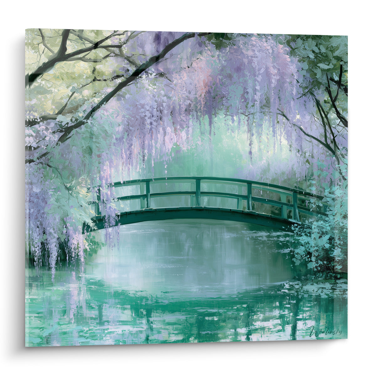 Pont japonais vert émeraude sous glycines mauve, reflets turquoise dans un bassin calme