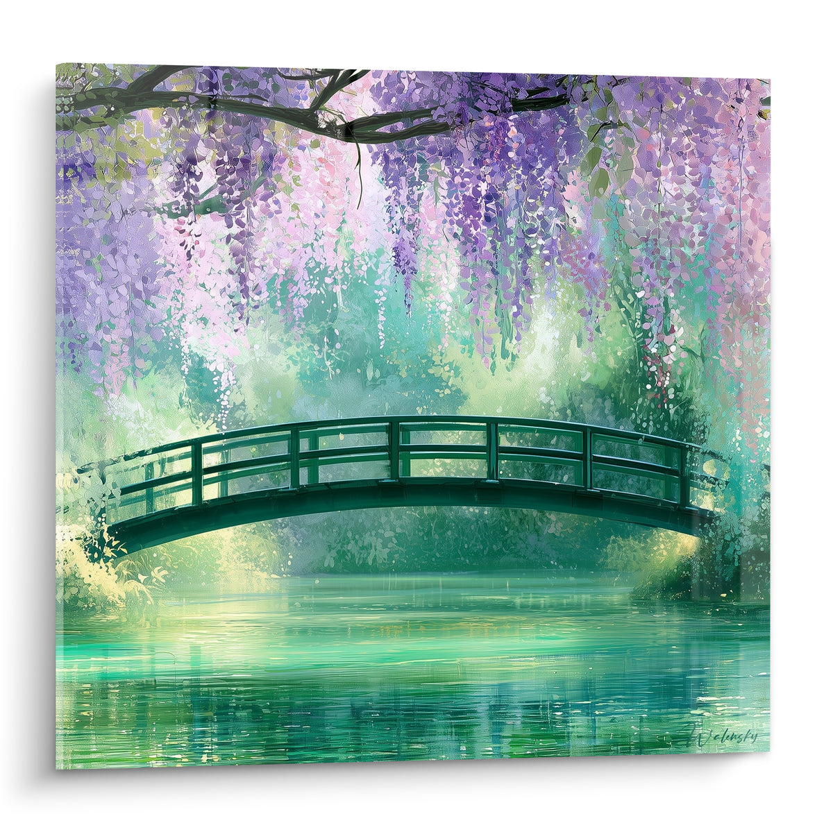 Glycine mauve en cascade au-dessus d'un pont vert émeraude enjambant une eau turquoise