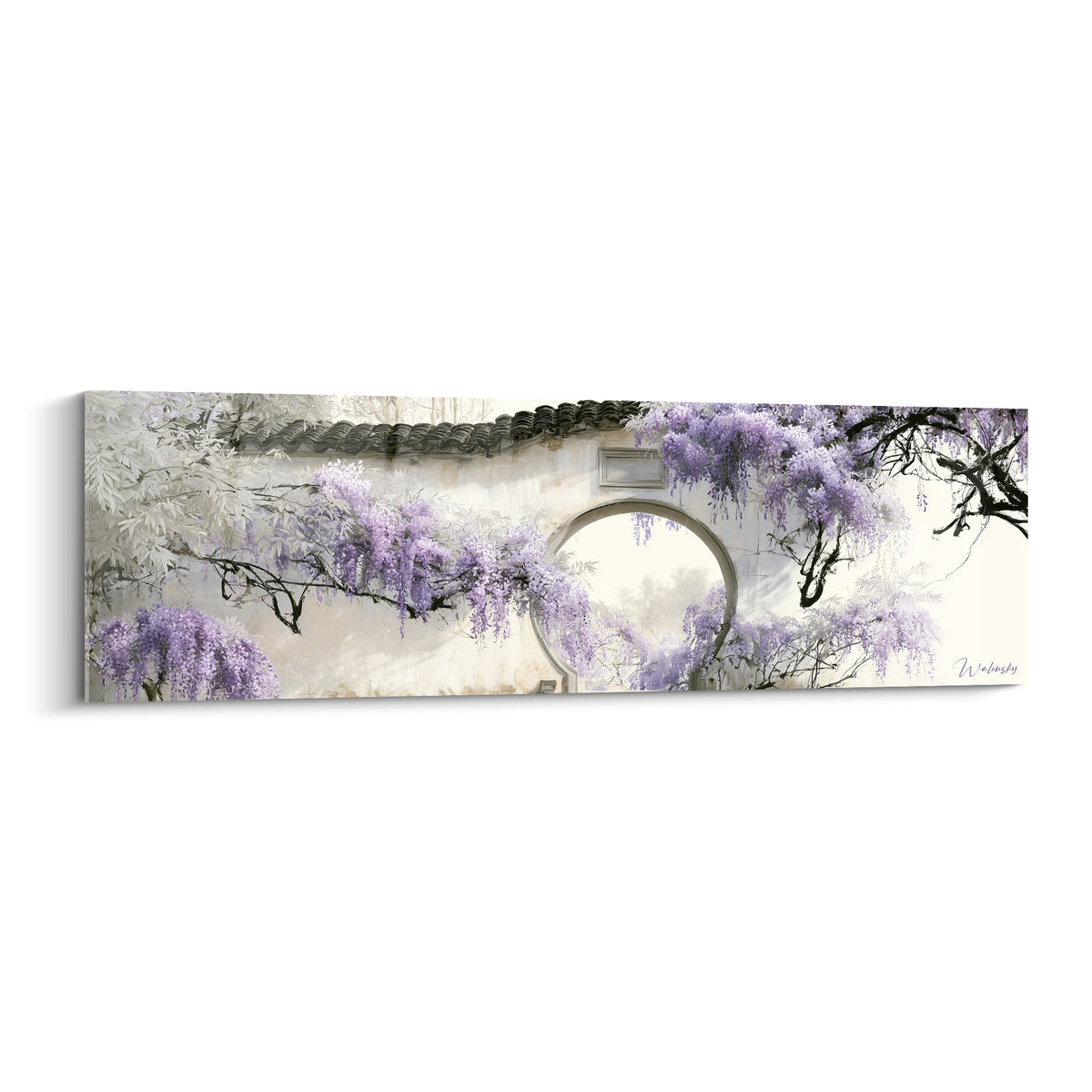 Glycine mauve en cascade au-dessus d'un portail rond ancien, tons blanc et violet pastel