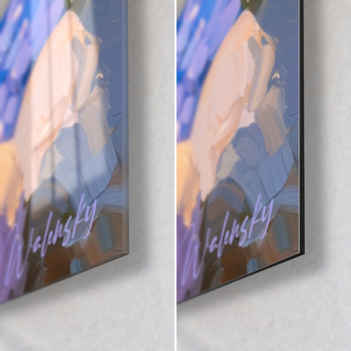 Schilderij blauweregenbassin geschilderd met blauwe, perzikkleurige en mauve penseelstreken, rechterhoek onder in glanzend glas en mat Dibond, rand van 3 mm