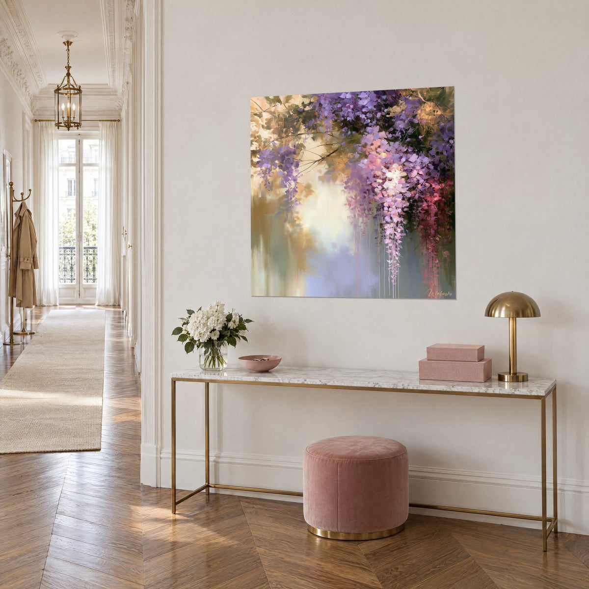 Wall art cascade of purple flowers with pinkish drips on cream voile, hung at a three-quarter angle above a gilded console