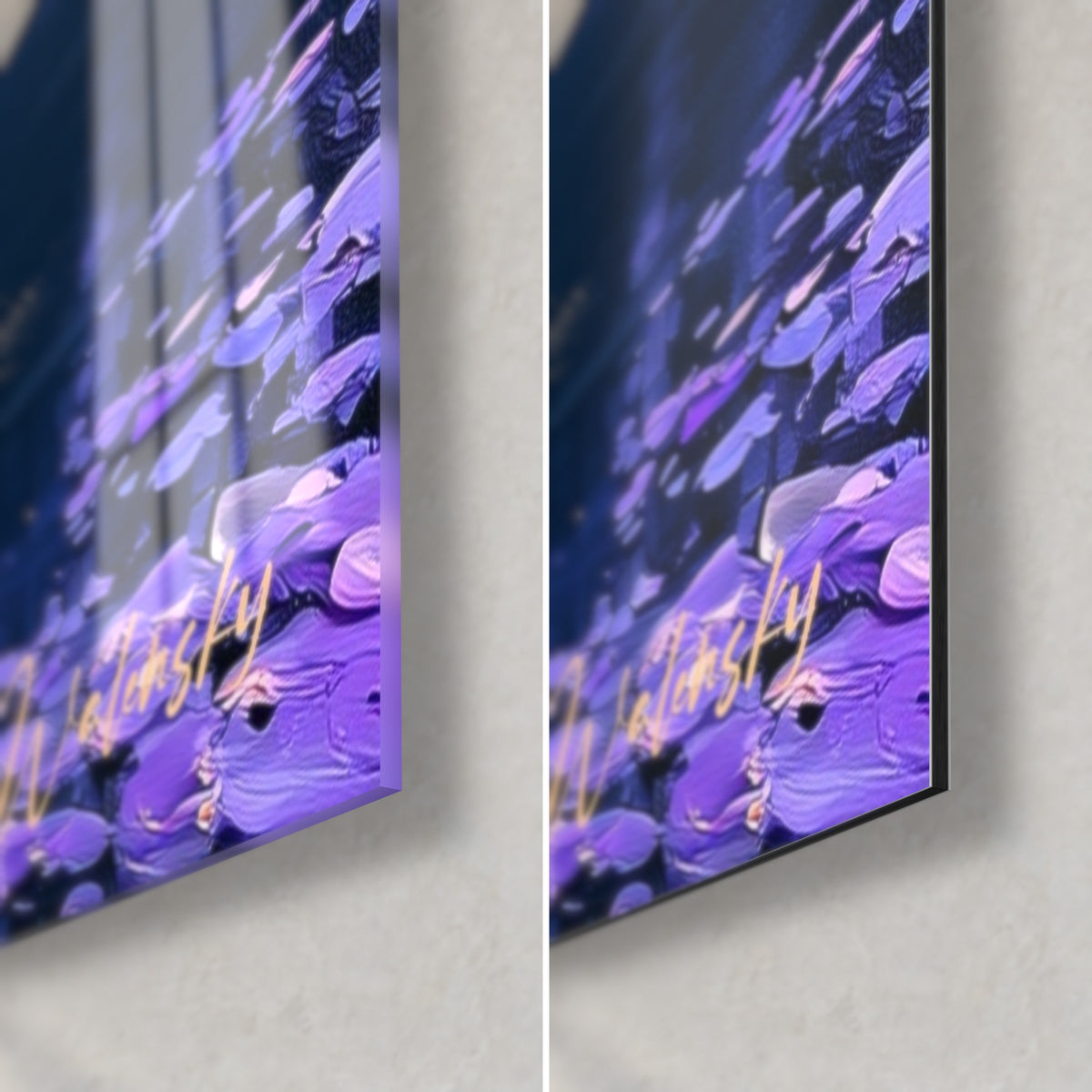 Schilderij blauwe regen in dik impasto, violette bloemblaadjes en gouden glans, glanzend glas links, mat Dibond rechts