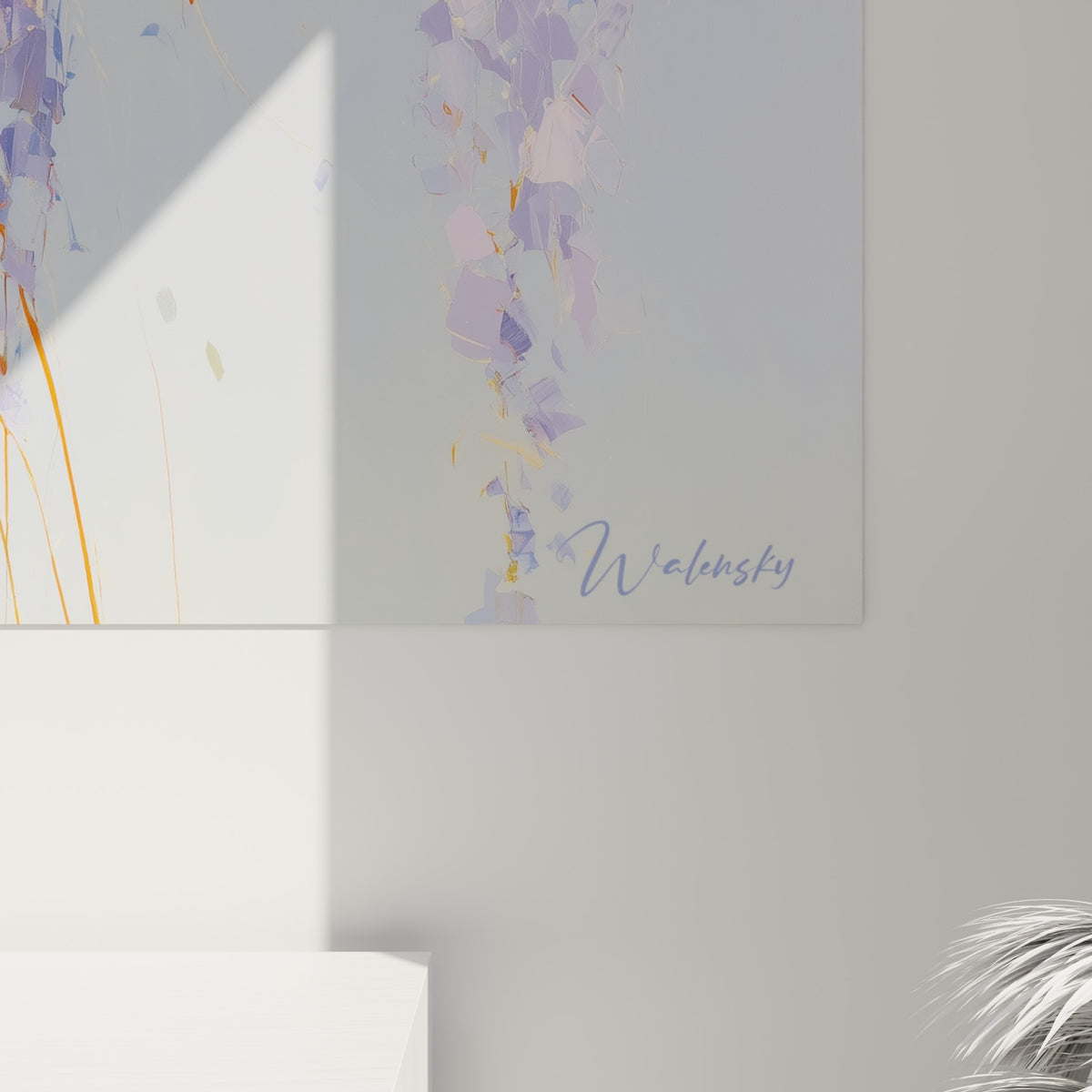 Empâtements de peinture mauve, blanc et doré révélant la texture des pétales de glycine