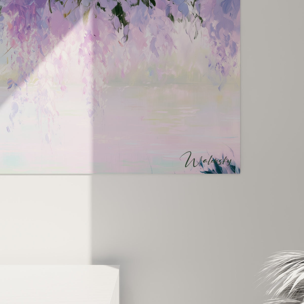 Empâtements mauve et turquoise sur la toile, grain visible des pétales de glycine peints