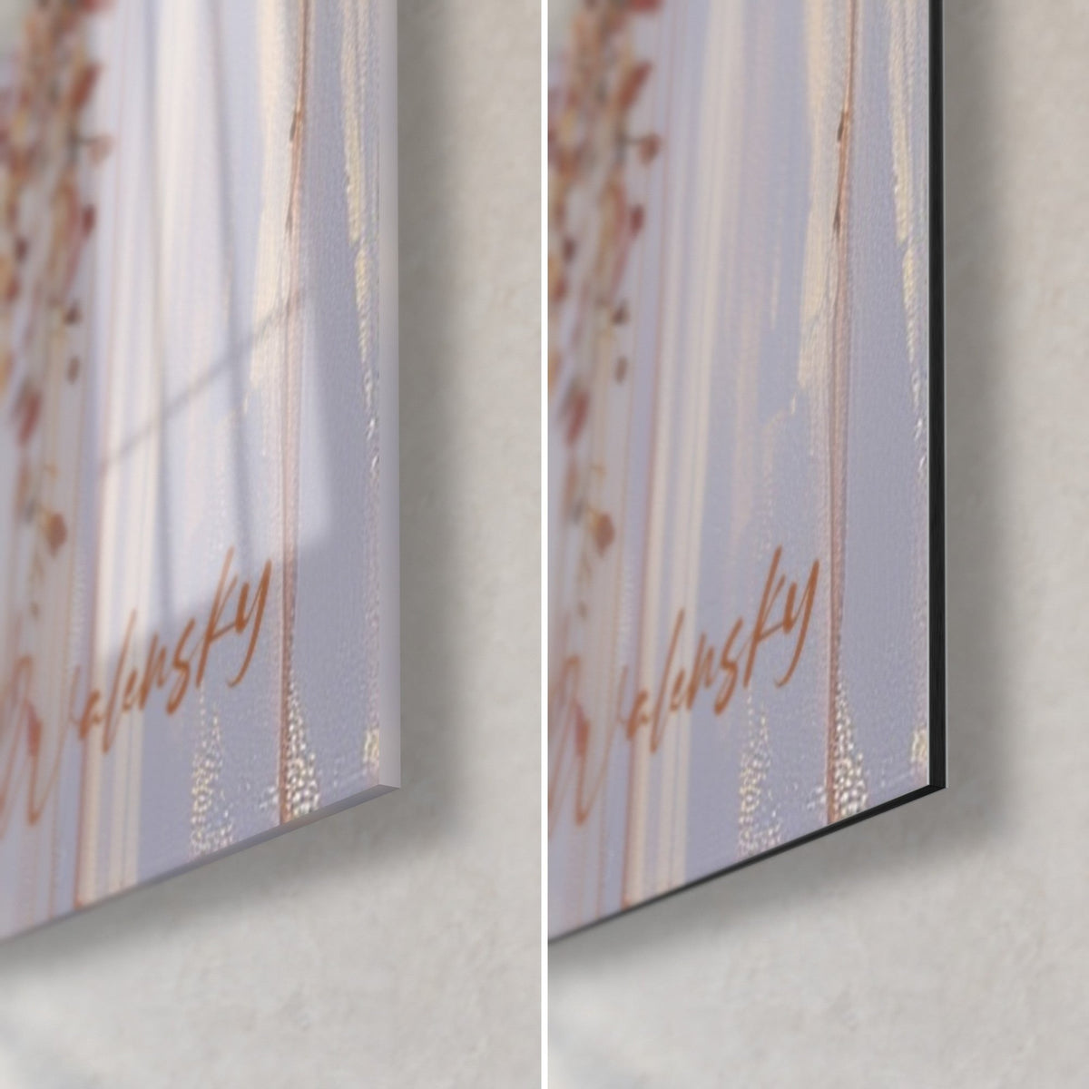 Wall art lilac wisteria clusters, bottom right corner: glossy acrylic glass on the left, matte black Dibond on the right, signature