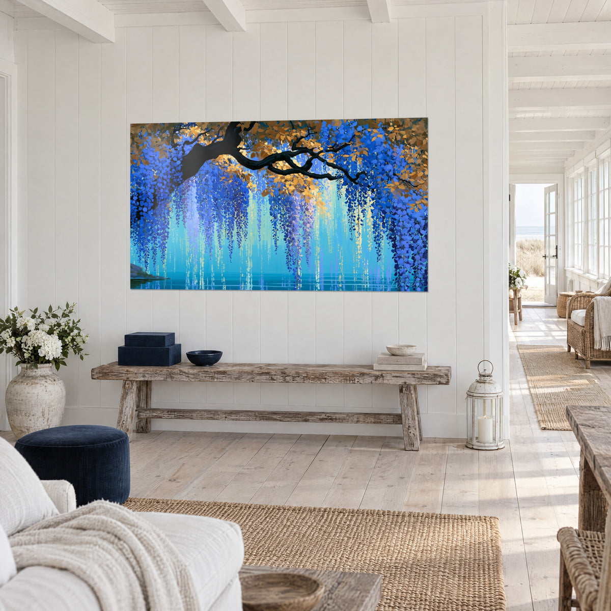 Schilderij boom met paarse hangende trossen boven een turquoise meer, ebbenhouten tak en gouden gebladerte, driekwart aanzicht, lichte gang