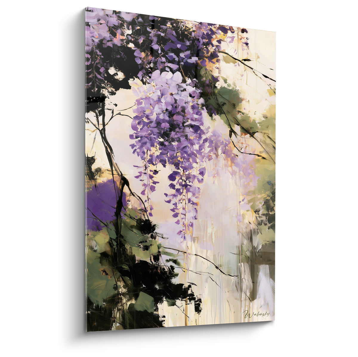 Glycine violette et lavande en grappes tombantes sur fond ivoire, style pictural expressif