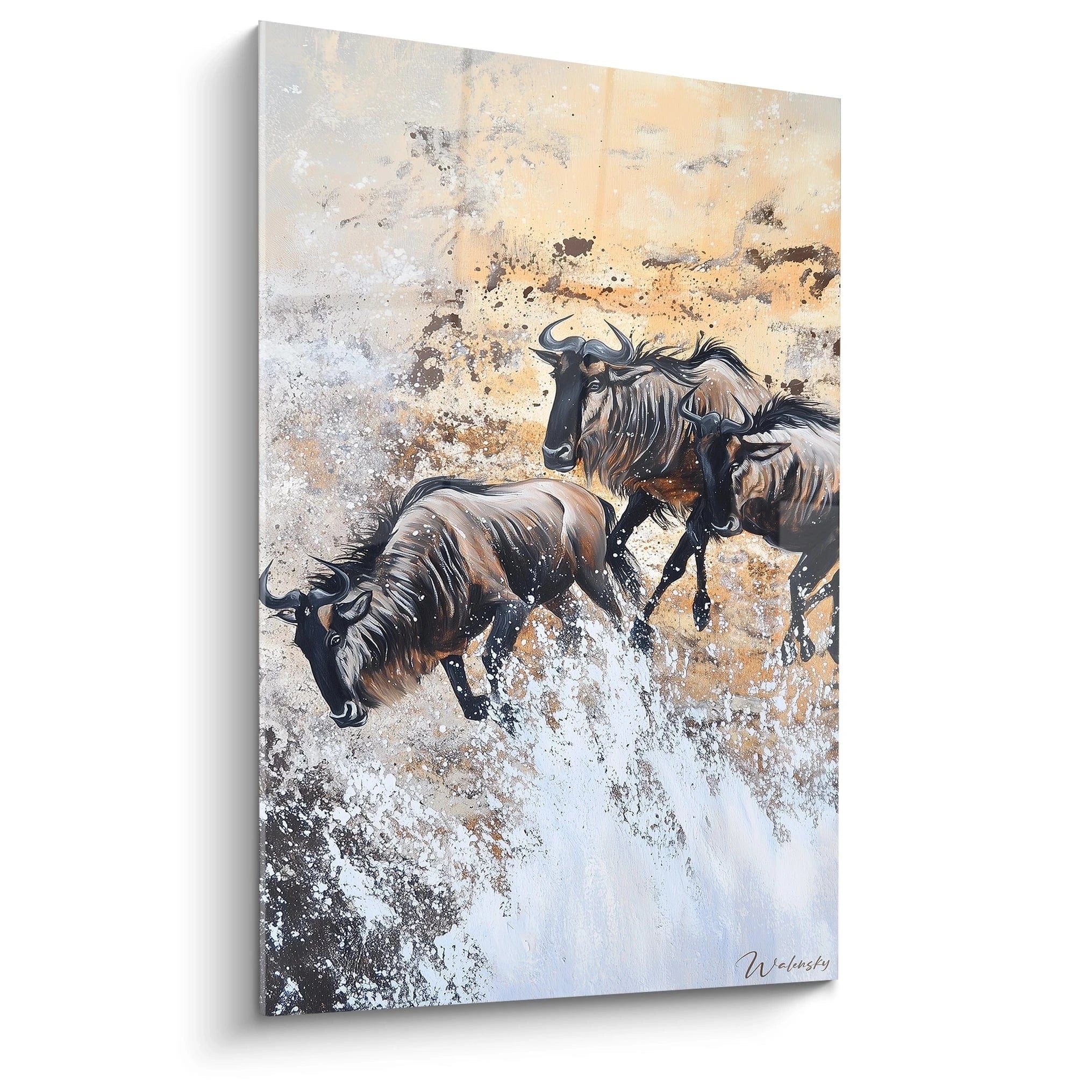 Tableau Walensky représentant des gnous courant dans l'eau avec éclaboussures artistiques