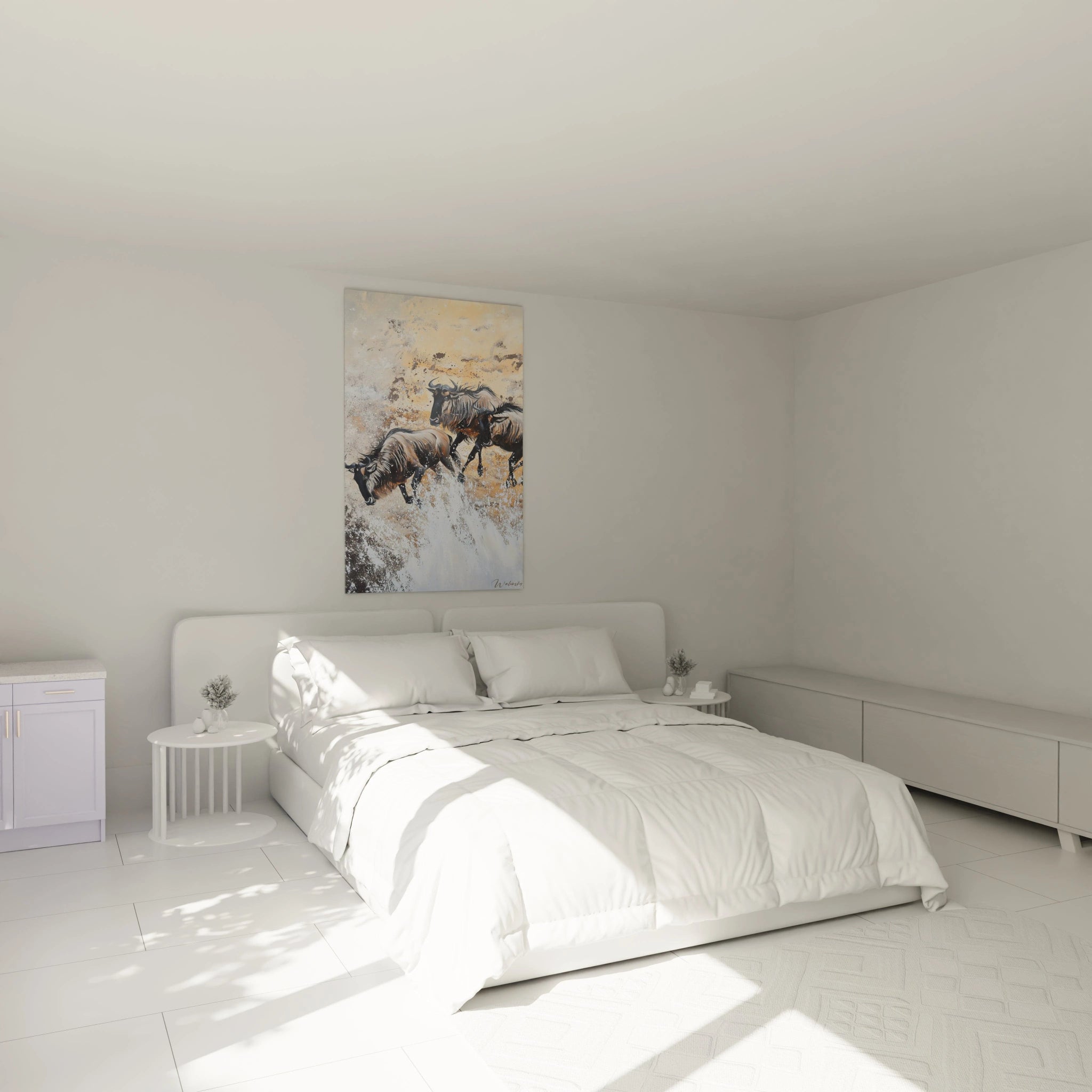 Tableau gnous Walensky accroché au mur d'une chambre moderne avec lit blanc et mobilier minimaliste