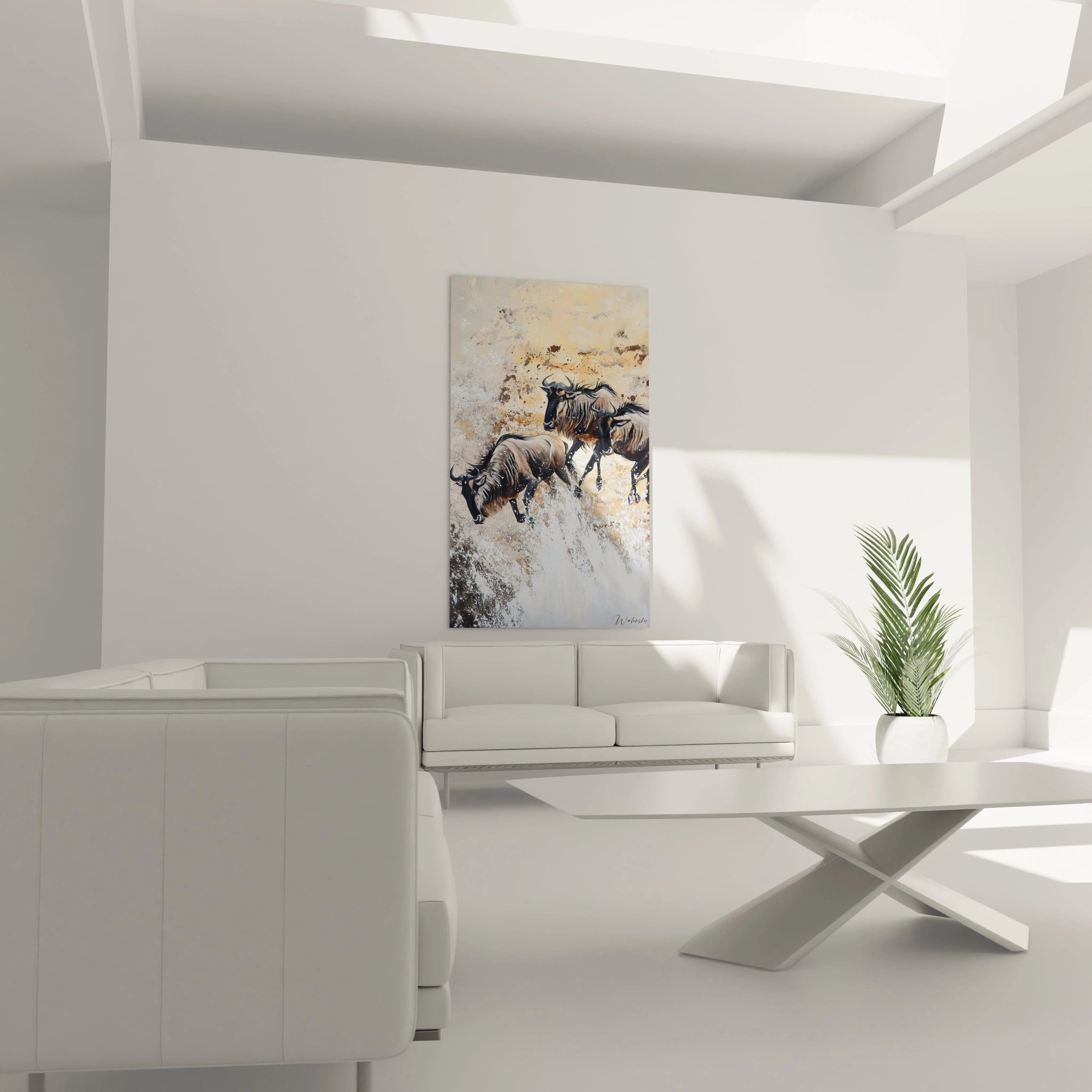 Tableau gnous Walensky accroché dans un salon moderne avec canapé blanc et plante verte