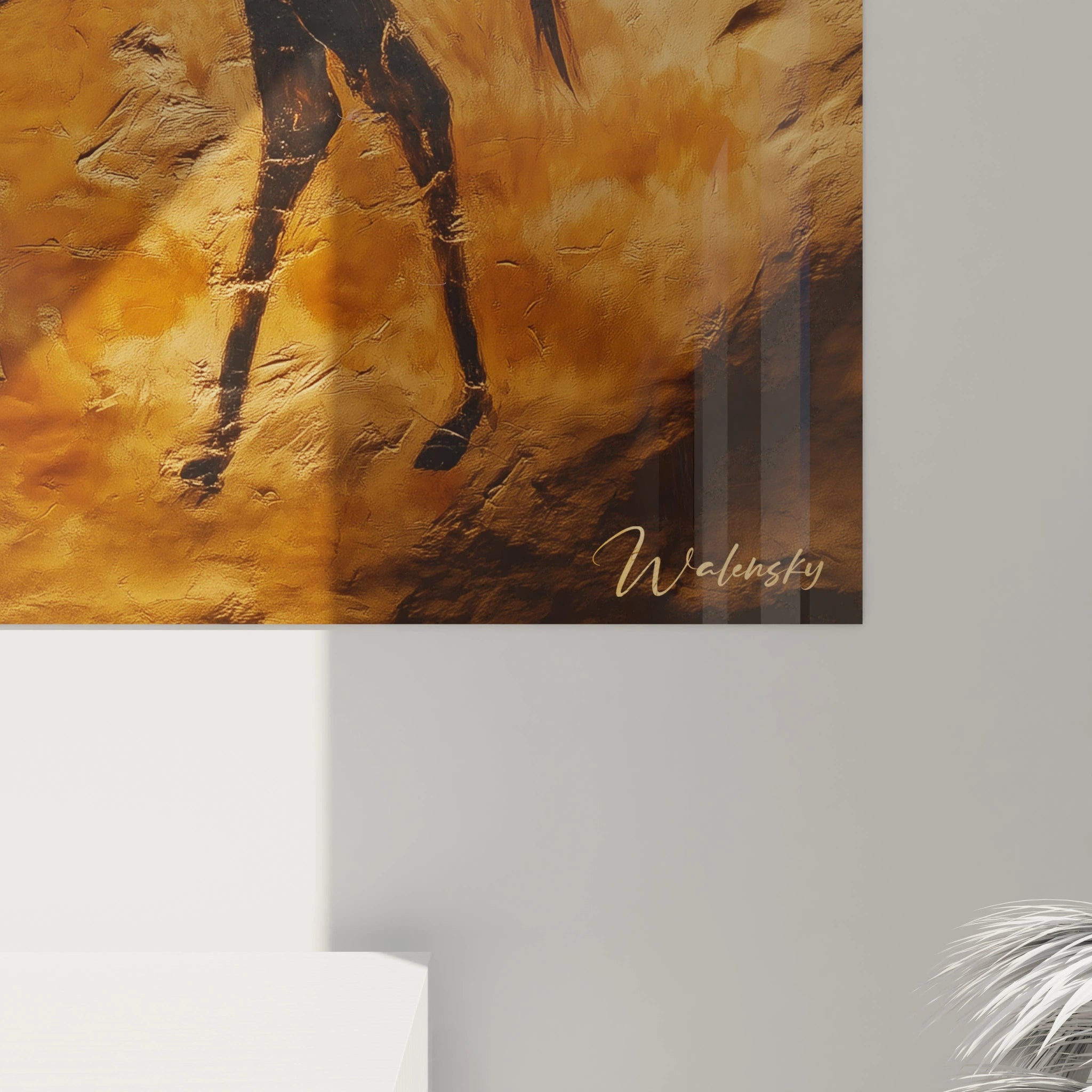 Tableau Gnou abstrait avec texture orange et signature Walensky en bas à droite