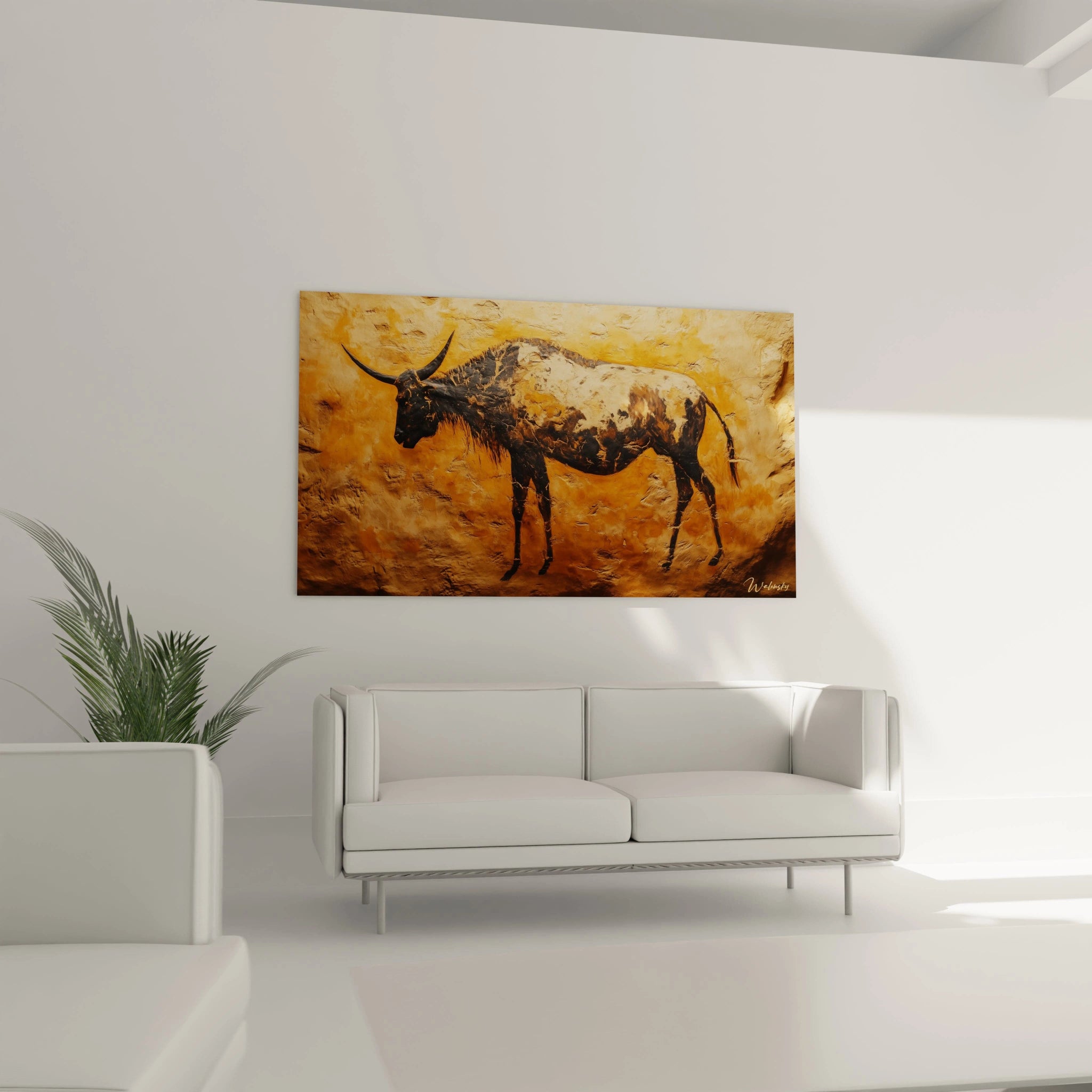 Tableau gnous Walensky accroché dans un salon moderne avec un canapé blanc et une plante verte